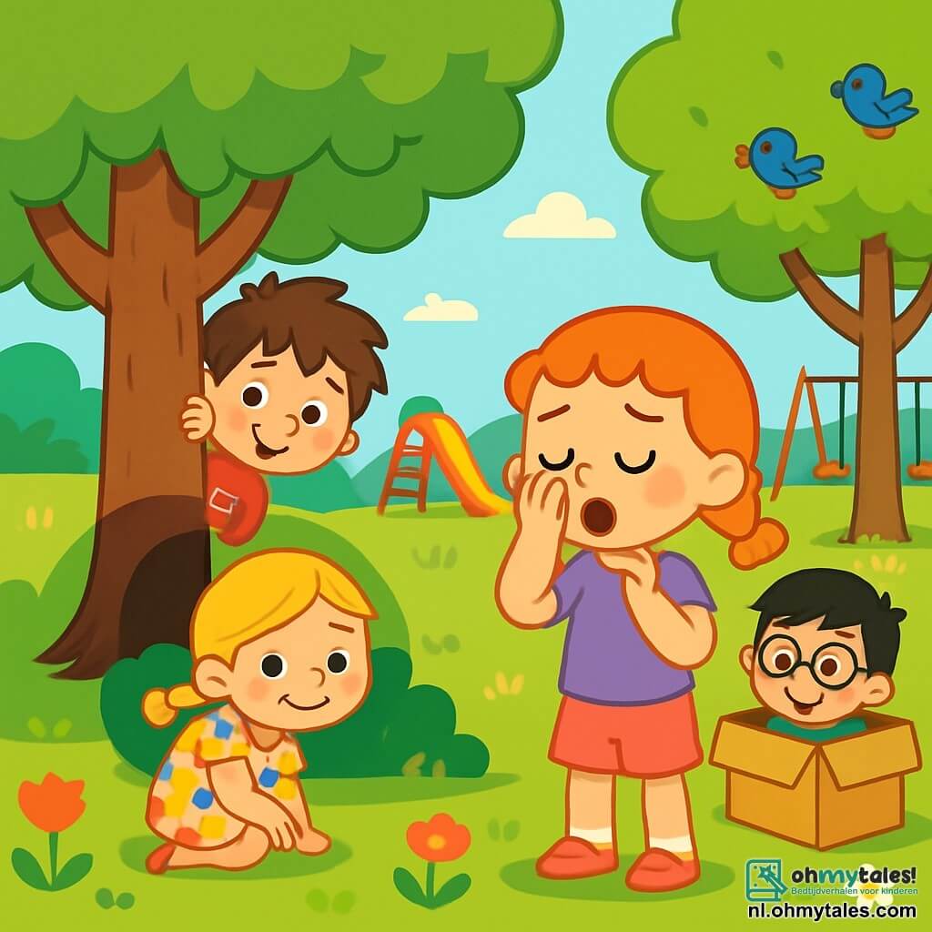 Er zijn 4 kinderen: - Luca: een 6-jarig jongetje met rommelig bruin haar, gekleed in een rode t-shirt en een blauwe short. Hij verstopt zich achter een grote boom, met een ondeugende glinstering in zijn ogen. - Mia: een 5-jarig meisje met gevlochten blond haar, in een kleurrijke bloemenjurk. Ze zit in de schaduw, glimlachend terwijl ze wacht om gevonden te worden. - Sam: een 6-jarig jongetje met zwart haar en ronde bril, gekleed in een groene t-shirt en een beige broek. Hij verstopt zich in een kartonnen doos, met een grote glimlach op zijn gezicht. - Ella: een 5-jarig meisje met krullend rood haar, in een paarse t-shirt en een roze short. Ze staat in het midden en telt tot tien met een geconcentreerde blik. De scène speelt zich af in een zonnig park, vol met grote groene bomen, kleurrijke bloemen en een goed onderhouden grasveld. In de verte zijn er een glijbaan en schommels te zien, terwijl vogels in de takken zingen. De belangrijkste situatie toont de kinderen die verstoppertje spelen, met Luca achter de boom, Mia in de schaduw en Sam in de doos, terwijl Ella vrolijk hardop telt. Gelach en glimlachen verlichten hun gezichten, wat een vrolijke en vriendelijke sfeer creëert.