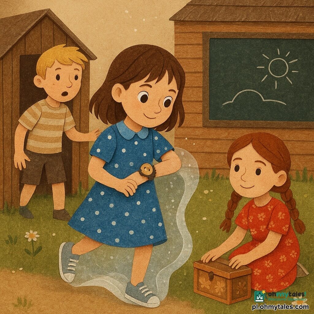 Osiemletnia Maja, uśmiechnięta, nieco nieśmiała, włosy brązowe do ramion, w niebieskiej sukience w białe kropki i błyszczących tenisówkach, ostrożnie zakłada na nadgarstek mały budzik z wąsami i stawia krok w przezroczystą, falującą zmianę czasu; za lewą stroną kadru, zza małej drewnianej chatki, zaskoczony Franek, około 8 lat, krótkie blond włosy i piegi, w brązowych szortach i pasiastej koszuli, wyciąga do niej rękę; po prawej Hania, około 8 lat, kasztanowe włosy w dwóch długich warkoczach, czerwona sukienka w kwiaty, kuca przy ozdobnej blaszanej skrzynce na skarby, uśmiechnięta i pocieszająca; miejsce: podwórze starej drewnianej szkoły z patynowanymi deskami, wielką zewnętrzną tablicą pokrytą białą kredą, zieloną trawą z margaretkami i małą chatką z desek, złote światło i unoszący się pył kredy; scena ukazuje magiczny moment — srebrzystą, migoczącą falę czasu, wyraźne graficzne detale i kontrastowe, żywe kolory, kompozycja skoncentrowana na przejściu przez bramę czasu i na zdziwieniu oraz dobroci w wyrazach dzieci.