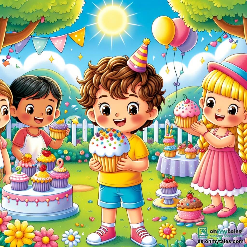 En un jardín soleado, Carlitos, un niño de seis años con cabello castaño y rizado, lleva una camiseta amarilla y un short azul. Está en el centro de la imagen, sonriendo con ojos brillantes, sosteniendo un cupcake decorado con colores vivos. A su derecha, Ana, una niña de seis años con cabello largo y rubio trenzado, lleva un vestido rosa y admira su propio cupcake, decorado con pequeñas estrellas de azúcar. A la izquierda, Pablo, un niño de seis años con cabello negro y liso, lleva una gorra roja y una camiseta verde, riendo mientras muestra su cupcake cubierto de caramelos de colores. Al fondo, el jardín está lleno de flores brillantes, globos flotantes y una gran mesa decorada con pasteles y golosinas. Un gran árbol da sombra a un rincón de la escena, mientras un sol radiante brilla en un cielo azul claro. La escena principal muestra a los niños decorando cupcakes, rodeados de risas y alegría, capturando el espíritu festivo del cumpleaños de Carlitos.