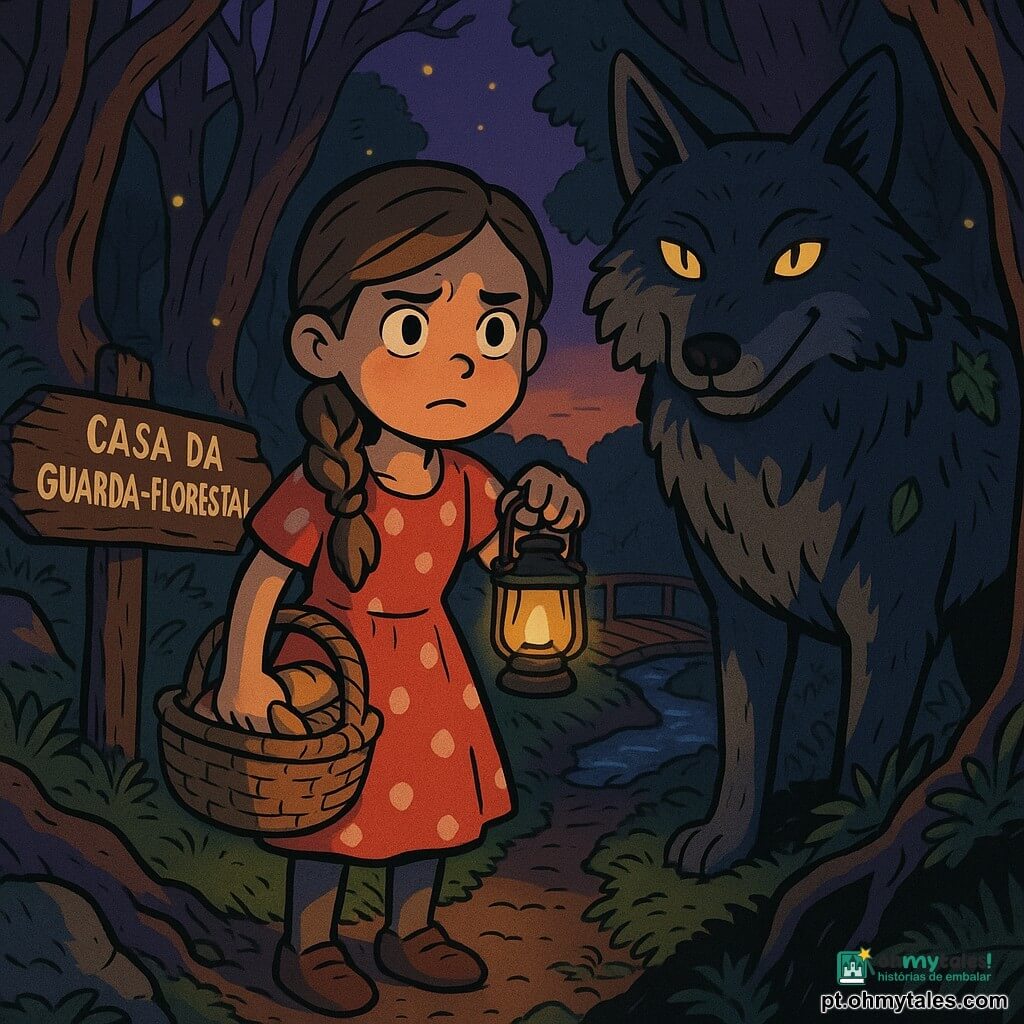 Uma menina de 8 anos, Lina, olhar preocupado e determinado, cabelo castanho claro em trança solta, vestido vermelho com bolinhas brancas amassado, segura uma pequena lanterna amarela que ilumina o rosto e um cesto de vime com pão; um grande lobo cinza-escuro, olhos amarelos brilhantes, pelagem texturada, sorri de boca fechada e está em pé meio na sombra à direita de Lina; à esquerda, uma velha placa de madeira quebrada apontando para a "Casa da Guarda-Florestal"; trilha florestal estreita coberta de folhas marrons e musgo, troncos retorcidos ao redor e pequenas pirilampos amarelas no ar úmido; no chão três escolhas visíveis: um caminho de pedras escorregadias à esquerda, uma pequena ponte de madeira sobre um ribeiro ao centro e uma passagem escura cheia de samambaias à direita; ambiente crepuscular com céu violeta profundo e brilho laranja no horizonte; composição centrada em Lina e no lobo com perspectiva levemente em contra-plongée para tornar a cena dramática.