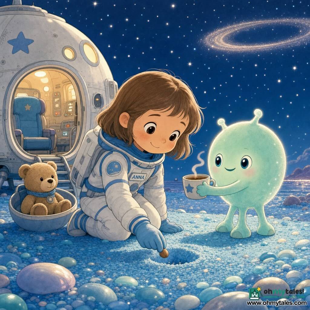 A smiling, serene female astronaut with short brown hair in a soft white-and-blue suit crouches to plant a small round seed in pale blue sand with a gloved hand; a small light-brown teddy bear sits protectively in a bowl by her spacecraft seat; a small three-legged nonhuman alien friend with a round, glowing mint-green body, bright round eyes and a warm smile stands to her right offering a warm cup. A compact spacecraft with a matte silver hull and round windows casting soft yellow light rests in the background; the ground is a beach of small blue pebbles with pearly reflections and a pale dust ring sparkles in the dark, star-speckled sky. Calm, tender scene: Anna plants the seed as the alien offers a drink, both smiling under the craft’s soft light. Graphic style: soft lines, pastel colors, rounded outlines, felted textures, cozy, reassuring atmosphere.