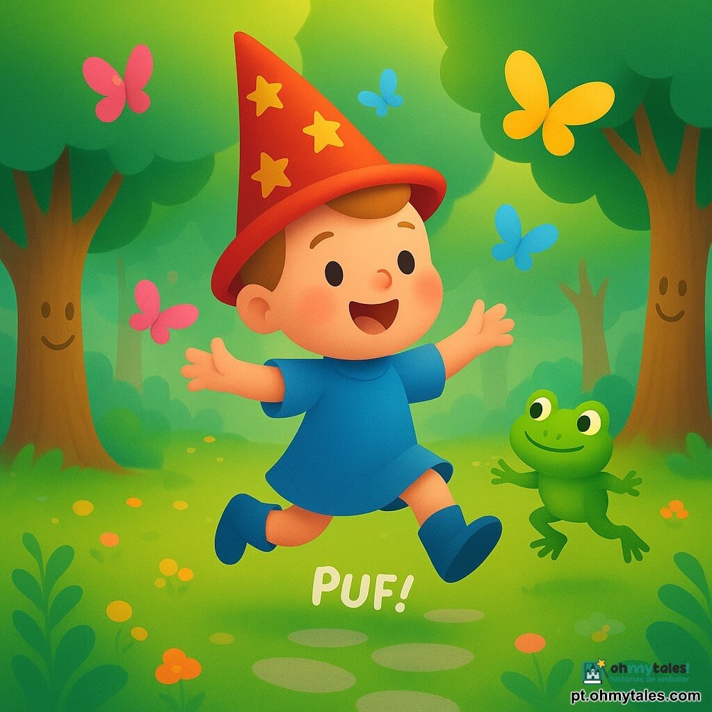 Um jovem príncipe sorridente e maravilhado, com chapéu pontudo mágico vermelho com estrelas douradas, túnica curta azul e botinhas, pulando no ar com um "puf!" e bochechas rosadas; uma pequena rã verde brilhante e alegre com olhos redondos salta à direita do príncipe; borboletas coloridas (rosa, amarelo, azul) com asas translúcidas formam um turbilhão ao redor; árvores falantes de tronco marrom com rostos sorridentes e galhos curvados cercam a cena; cenário: Bosque Saltitante, relva verde com flores, caminhos de pedras e luz suave com raios dourados; ação principal: dança alegre e saltitante no centro, movimento dinâmico, cores vivas, expressões amigáveis e ambiente lúdico e seguro para crianças pequenas.