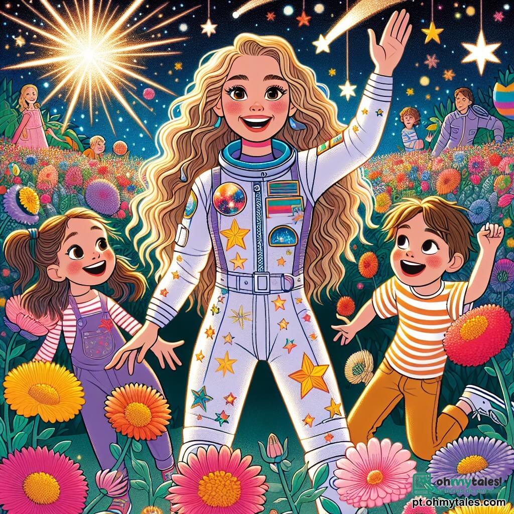 No centro da imagem, Luna, uma mulher piloto com cabelos longos e ondulados, usa um traje espacial colorido com padrões de estrelas. Seu rosto irradia alegria e empolgação enquanto ela sorri para as crianças ao seu redor, pronta para levá-las em uma aventura espacial. Ao seu lado, Mia, uma menina de cerca de 8 anos com tranças e uma camiseta listrada, dança alegremente entre as flores cantantes, seus olhos brilhando de espanto. Leo, um garoto de 7 anos com cabelos castanhos bagunçados, levanta os braços, fascinado por uma estrela cadente que atravessa o céu. O cenário é uma paisagem mágica do Planeta das Flores Cantantes, onde flores multicoloridas com pétalas cintilantes florescem sob um céu estrelado, criando uma atmosfera mágica e alegre. A situação principal mostra Luna e as crianças dançando e rindo juntas entre as flores que cantam, com a nave espacial Estrela Brilhante ao fundo, pronta para levá-los de volta para casa após um dia de aventuras inesquecíveis.