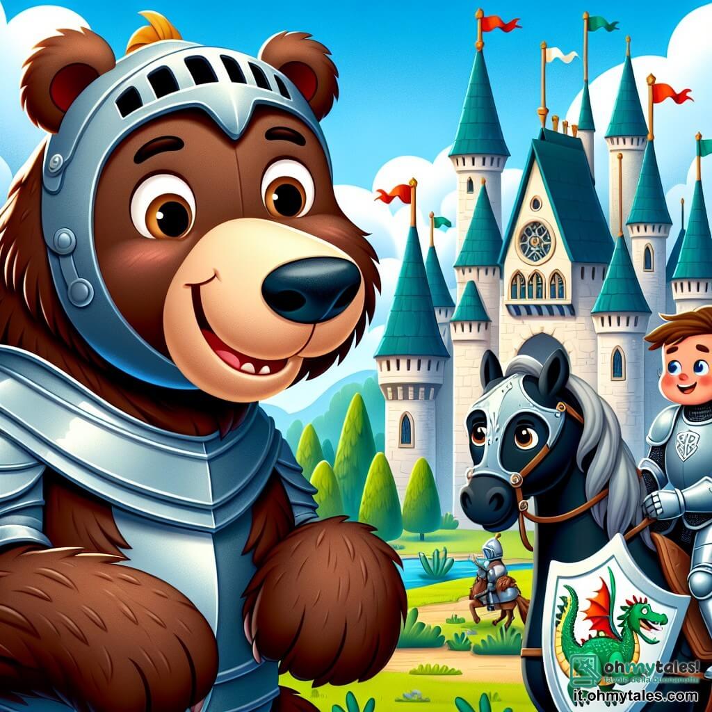 Un grande orso bruno di nome Bruno, con un pelo morbido e lucente, si trova al centro dell'immagine, con gli occhi spalancati per la curiosità e un ampio sorriso sul volto. Indossa un piccolo elmo da cavaliere un po' troppo grande per lui ed è seduto su un maestoso cavallo nero, pronto per partire all'avventura. Alla sua destra, un cavaliere in armatura scintillante, con un petto d'argento e uno scudo decorato con un drago, guarda Bruno con un sorriso amichevole, gli occhi pieni di eccitazione. Tiene una lancia in mano e sembra pronto ad accompagnarlo nelle sue avventure. Sullo sfondo, un grande castello medievale si erge fiero, con torri appuntite e bandiere che sventolano al vento. Gli alberi verdi circondano il castello e un cielo blu splendente illumina la scena. La situazione principale mostra Bruno e il cavaliere pronti a partire alla ricerca di un drago sfortunato, circondati da un'atmosfera di avventura e camaraderie, pronti a esplorare un mondo magico pieno di misteri e tesori da scoprire.