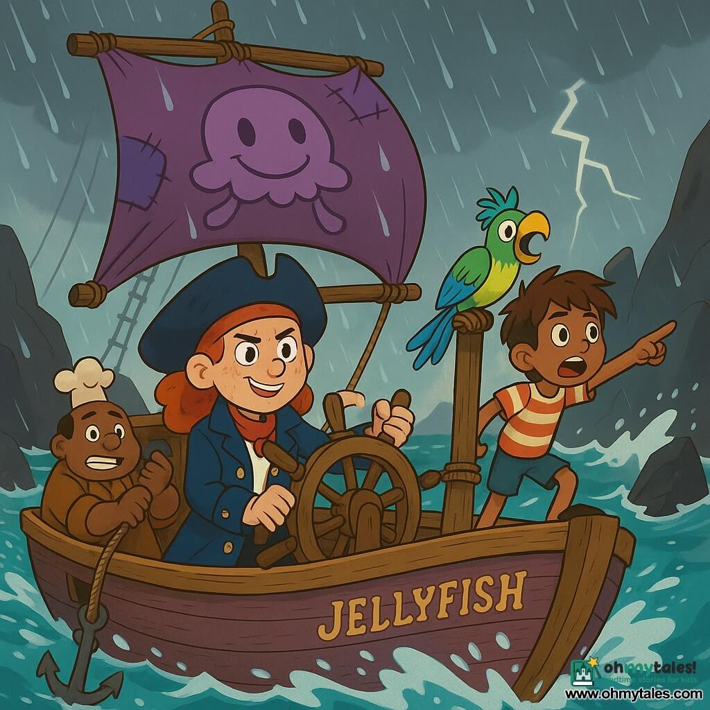 Captain Lila is a ~28-year-old woman with a round freckled face, red neckerchief, navy coat with gold buttons; focused and brave, furrowed brows but confident smile, gripping the helm and looking straight ahead. Milo is a skinny ~10-year-old boy with tousled brown hair, striped tee and shorts, a little shaky but determined, standing at the bow listening to the sea, finger pointing left. Baba Jun is a ~45-year-old tall, sturdy man with chubby cheeks, tiny chef's toque, earth-toned coat; he strains at an anchor rope at the stern, concentrated. Pip is a lively parrot with green, blue and yellow feathers, perched on the railing near Milo, beak open encouragingly. Setting: the wooden deck of a small pirate boat named Jellyfish, worn planks, coiled ropes, patched purple sails that appear to smile, choppy turquoise sea, sharp black rocks on either side, gray sky with heavy rain and a distant lightning. Main scene: the boat slips between two rocks in the rain, waves dynamically splashing the deck, tense but hopeful expressions, clear staging with readable characters, saturated colors and crisp outlines in a 1990s cartoon style.