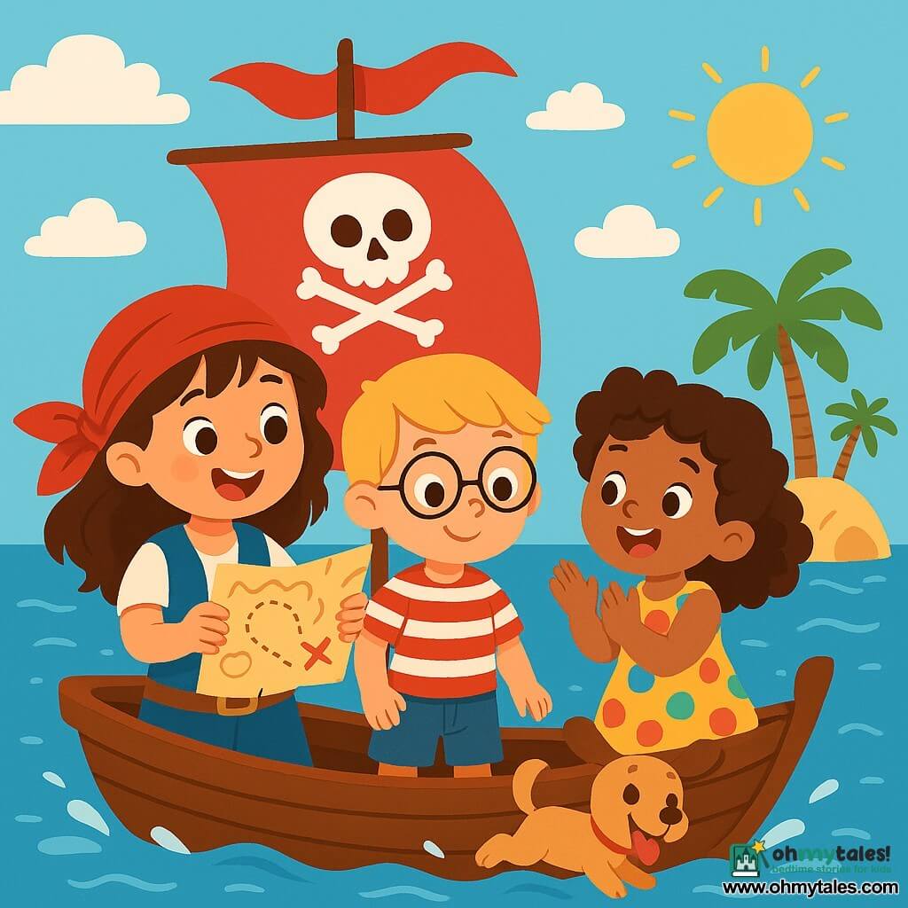 A young pirate woman, Captain Mina, smiling and determined, stands on the deck of her small pirate ship. She has messy brown hair, a red scarf around her head, and a blue vest. Her eyes shine with excitement as she holds a treasure map in her hands. Next to her, Tom, an 8-year-old boy with blonde hair and round glasses, curiously looks at the map. He wears a striped t-shirt and denim shorts. Lila, a 7-year-old girl with curly hair in a colorful dress, joyfully claps, standing at the side of the boat. Pip, a small puppy with large ears, runs around them, tongue out and tail wagging. The boat sails on a calm, bright blue sea under a sunny sky with a few fluffy white clouds. In the background, a bun-shaped island looms with lush palm trees and a sun-shaped rock. The main scene shows Captain Mina and her crew discovering a treasure map, ready for a new adventure, with smiles on their faces and splashes of water around them.
