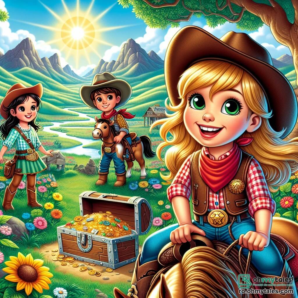 Daisy, o cowboyetă curajoasă de aproximativ 10 ani, stă mândră pe calul ei, Spirit, cu un zâmbet mare pe față. Ea poartă o pălărie maro de cowboy, o cămașă cu carouri roșii și o vestă din piele, în timp ce părul ei blond flutură în vânt. Lângă ea, Jake, un băiat de 11 ani cu o șapcă mare și blugi uzați, privește cu admirație valea din fața lor. Lily, o fetiță de 9 ani cu părul brun și ochi strălucitori, stă pe o piatră, ținând o hartă a comorii, având un aer entuziast și curios. Peisajul este o vastă vale însorită, înconjurată de munți măreți, cu flori colorate care dansează în vânt și un copac mare în centru, sub care se ascunde o cutie misterioasă cu comoară. Situația principală arată cum Daisy și prietenii ei descoperă cutia cu comoară îngropată sub un copac, fețele lor fiind iluminate de bucurie și uimire, în timp ce se pregătesc să o deschidă împreună.