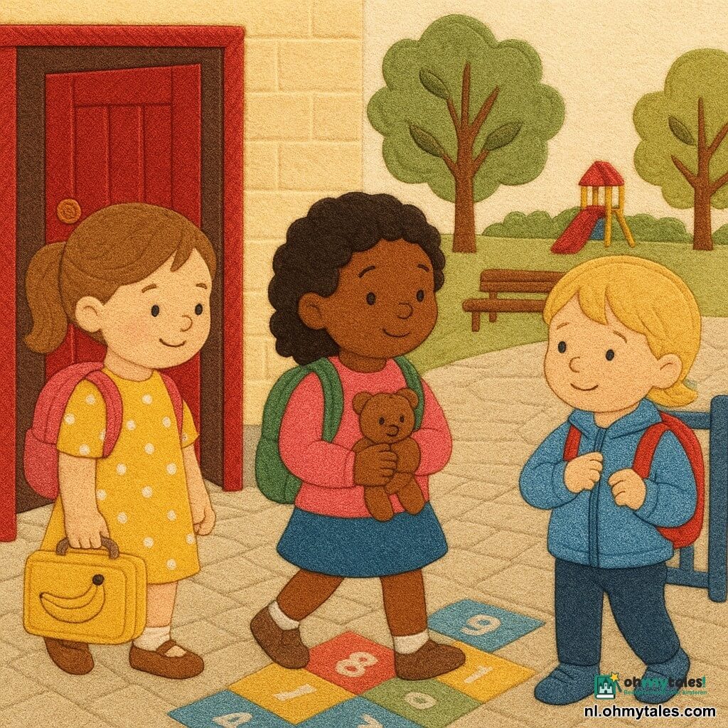 Drie meisjes van 3 jaar: Noor links bij de schooldeur, lichtbruin haar in een staart, gele jurk met witte stippen en een brooddoos met banaan; Lila in het midden een stap naar voren, zwart krullend haar, roze trui met klein beertje en haar bruine knuffel geknuffeld; Zoë rechts bij het poortje, kort blond haar, blauwe jas terwijl ze zelf haar rits sluit; ze dragen elk een kleurrijk rugzakje en komen aan op de ochtendschoolplaats met lichte kasseien, felgekleurde hinkeliën, een open rode houten deur met deurbel, jonge boompjes en een houten bank, zachte ochtendlucht en een rustige, vriendelijke sfeer.