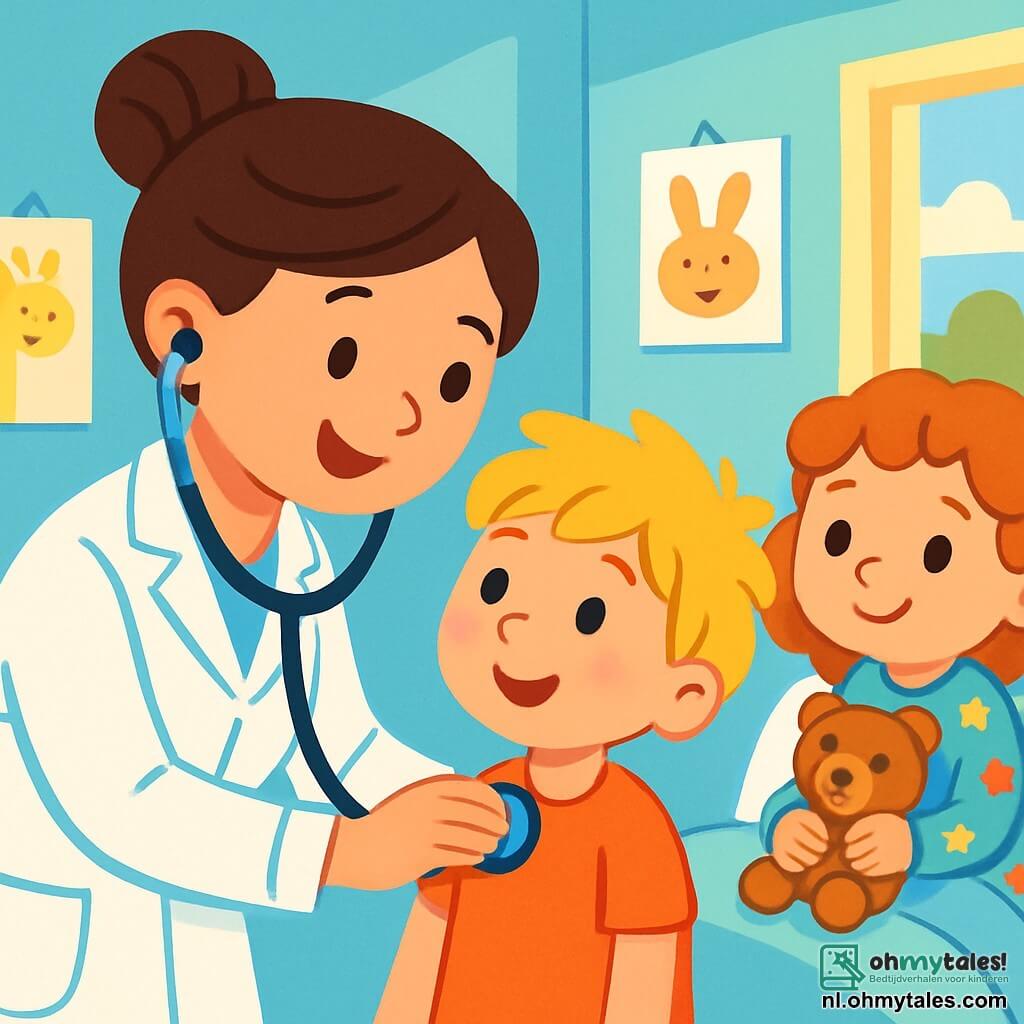 Een glimlachende vrouwelijke arts, dokter Anna, draagt een stralende witte jas en een stethoscoop om haar nek. Ze heeft bruin haar in een knot en sprankelende vriendelijke ogen. Ze leunt aandachtig naar een jongetje, Max, van ongeveer 6 jaar, die met zijn rommelige blonde haar en bezorgde gezicht begint te glimlachen naar dokter Anna. Naast hen zit een klein meisje, Lisa, van ongeveer 5 jaar, op een ziekenhuisbed. Ze heeft krullend haar en draagt een kleurrijke pyjama met sterren. Ze kijkt hoopvol naar dokter Anna terwijl ze een knuffel vast houdt. De scène speelt zich af in een lichte ziekenhuiskamer met pastelblauwe muren en tekeningen van lachende dieren. Een raam laat zonlicht binnen, dat de kamer verlicht. Dokter Anna luistert aandachtig naar het hart van Max met haar stethoscoop en legt hem vriendelijk uit dat hij zich snel beter zal voelen. Max begint te glimlachen, terwijl Lisa, die zich een beetje ziek voelt, de scène met bewondering en hoop observeert.