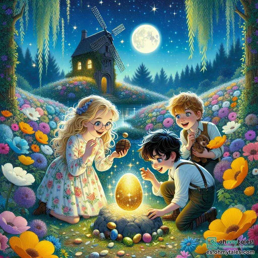 Bajo una mágica luz de luna, tres niños están en el centro de un hermoso campo de flores coloridas. Simón, un niño de diez años con cabello castaño desordenado y gafas redondas, sonríe alegremente sosteniendo un brillante huevo de chocolate. Clara, una niña de diez años con cabello largo y rubio, lleva un vestido de flores y mira asombrada un huevo dorado brillante sobre una piedra. Lucas, un niño de diez años con cabello negro y pecas, se agacha junto a ellos, examinando una pluma dorada que brilla bajo la luz de las estrellas. Su entorno es un paisaje encantador, lleno de flores vibrantes, grandes árboles con hojas brillantes y una suave brisa que hace bailar los pétalos. Al fondo, un viejo molino de madera cubierto de hiedra añade un toque de misterio a la escena. Las estrellas brillan intensamente en el cielo, creando una atmósfera mágica. Los niños celebran su descubrimiento del legendario huevo dorado, un símbolo de su amistad y de la magia de la Pascua, rodeados de risas y alegría.