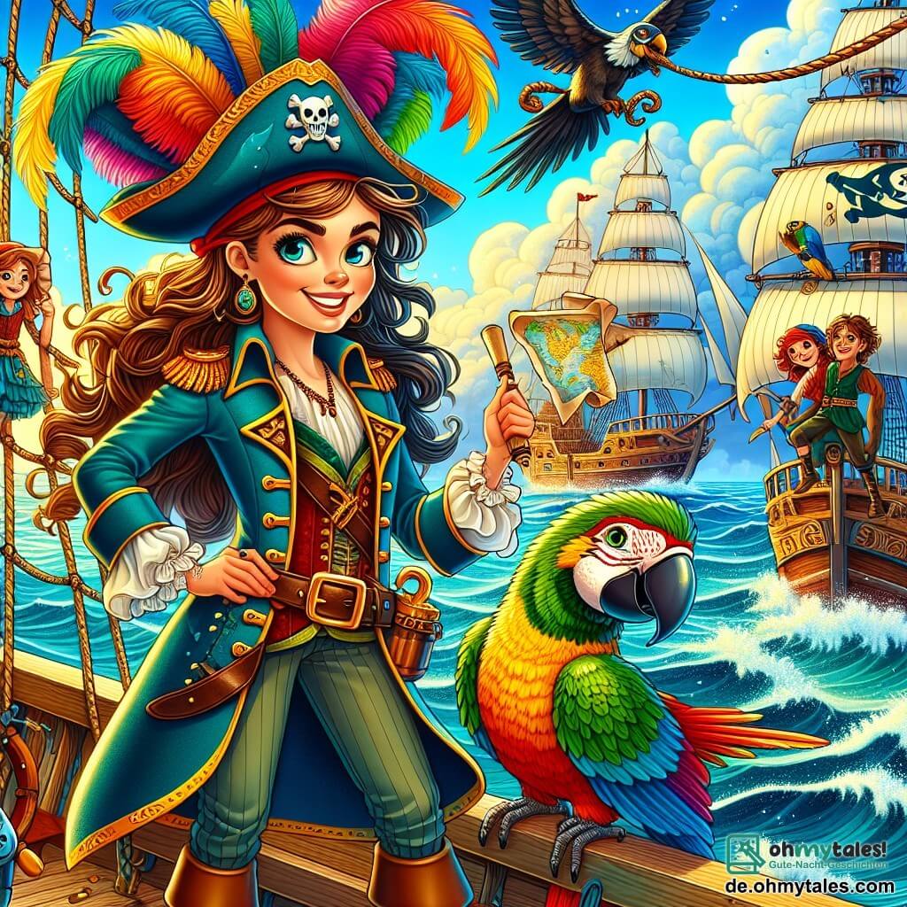 Die Kapitänin Rika, eine mutige Frau in ihren Dreißigern, steht stolz auf dem Deck ihres Schiffes, der Goldenen Möwe. Sie trägt einen Piratenhut mit einer bunten Feder, und ihr Gesicht strahlt Entschlossenheit aus, mit herausfordernden, funkelnden Augen. In einer Hand hält sie eine Schatzkarte, während die andere auf ihrer Hüfte ruht. Neben ihr sitzt der schelmische Papagei Kalle auf ihrer Schulter, mit seinem leuchtend grünen, blauen und roten Gefieder, der fröhlich zwitschert. Ein wenig weiter beobachtet Finn, der zerzauste Mechaniker, konzentriert das Meer, während Lila, die agile Seilakrobatin, einen Pirouette am Mast vollführt, ihr strahlendes Lächeln erhellt ihr Gesicht. Die Kulisse ist ein weites, funkelndes Meer unter einem tiefblauen Himmel mit weißen, baumwollartigen Wolken. In der Ferne schneidet ein anderes Schiff, schwarz mit einem großen Segel, das mit einem goldenen Kraken verziert ist, durch die Wellen und verleiht der Szene eine gewisse Spannung. Die Hauptsituation zeigt Rika, bereit, sich der Rivalität mit Kapitänin Morgan zu stellen, entschlossen, ihren Schatz zu verteidigen und ihren Mut zu beweisen. Die Atmosphäre ist elektrisierend, voller Abenteuer und Versprechen epischer Kämpfe auf den Meeren.