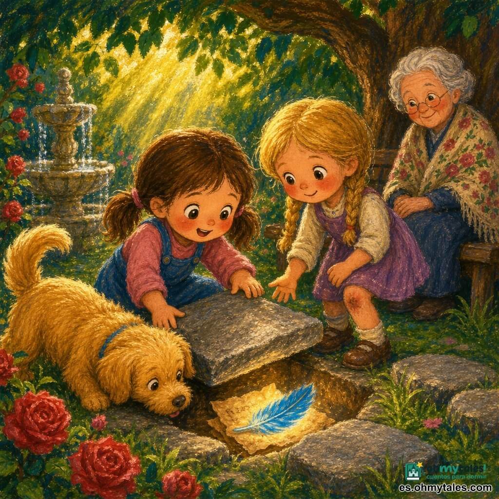 Una niña de 4 años, emocionada y curiosa, ojos grandes y brillantes, mejillas sonrosadas y coletas castañas, empuja con ambas manos una losa gris plana; junto a ella, un perrito llamado Timo de pelaje dorado mueve la cola y olfatea la losa; otra niña de unos 4 años con trenza rubia y rodilla algo sucia sonríe tímidamente y ofrece la mano; una abuela de unos 70 años, piel arrugada y chal con motivos florales, observa con ternura desde un banco de madera; el jardín íntimo tiene césped verde, rosales rojos, una pequeña fuente de piedra brillante, piedras planas y un gran árbol de hojas verdes oscuras; la losa se levanta un poco y revela una cavidad con un pequeño pergamino arrugado y una pluma azul que brillan débilmente, mientras una luz dorada se filtra entre las hojas e ilumina los rostros maravillados.