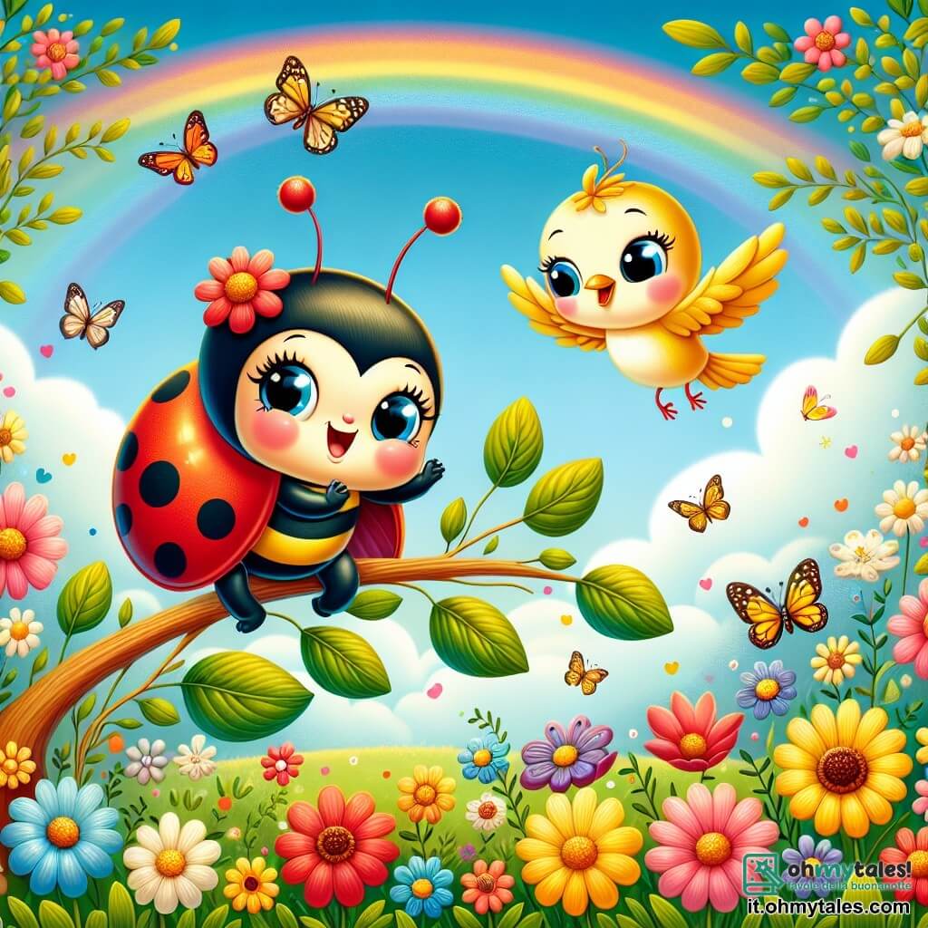 Una piccola coccinella di nome Lalla, con un corpo rosso vivo punteggiato di pois neri, esprime grande gioia con un ampio sorriso e occhi scintillanti. Ballando su un grande ramo di un albero dalle foglie dorate, è circondata da fiori colorati che si piegano dolcemente al vento. Accanto a lei, un uccello giallo di nome Pipo, con un piumaggio splendente e ali spiegate, canta allegramente, fluttuando leggermente sopra Lalla. Il luogo è un giardino magico, pieno di fiori brillanti di tutti i colori, farfalle che danzano e un cielo blu chiaro punteggiato di nuvole bianche e soffici. Al centro, un arcobaleno scintillante aggiunge un tocco di magia alla scena. La situazione principale mostra Lalla e Pipo mentre esplorano insieme, Lalla che balla gioiosamente sul ramo, mentre Pipo canta una melodia coinvolgente, creando un'atmosfera di felicità e amicizia in questo giardino incantevole.