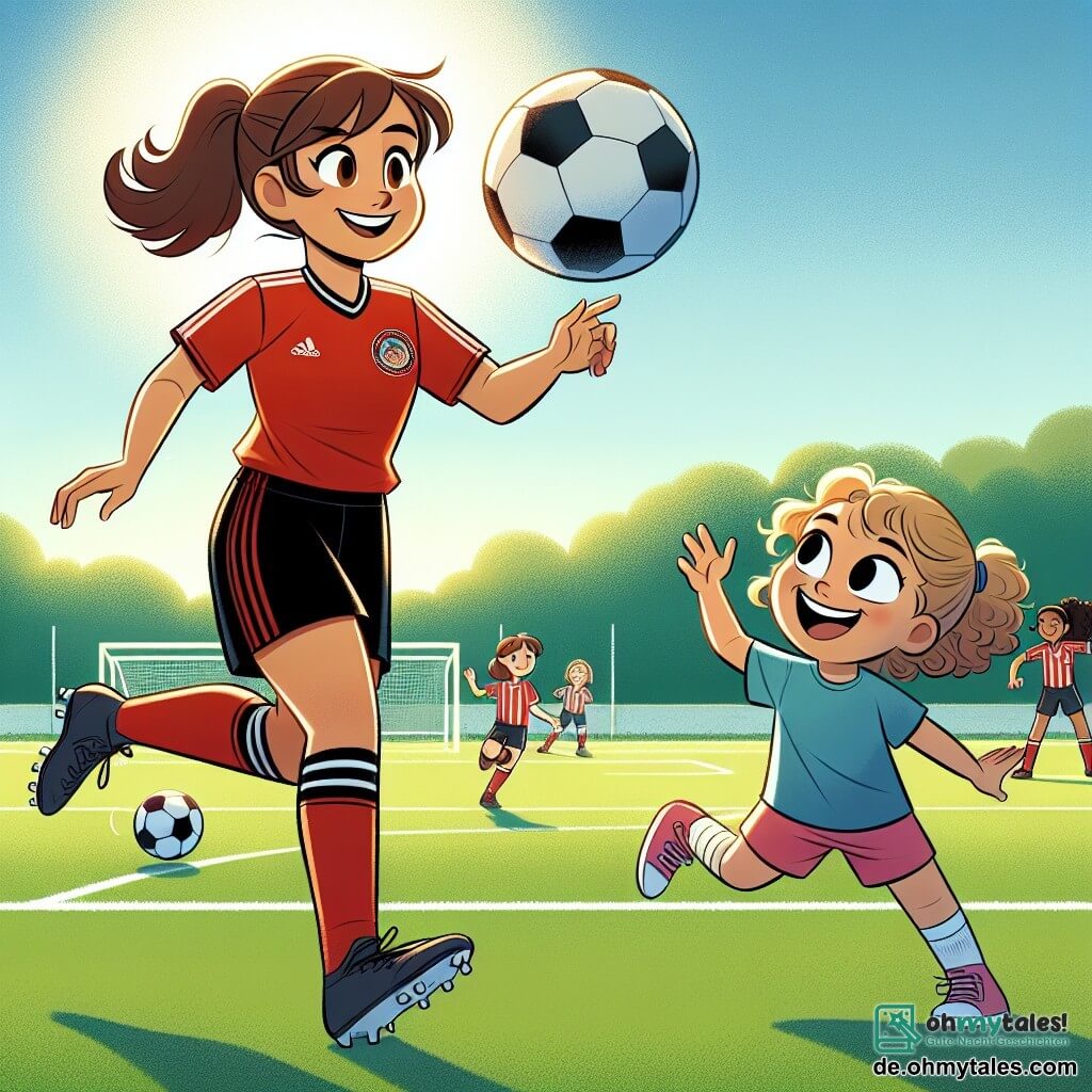 Die Hauptfigur, Lea, ist eine sportliche junge Frau von etwa 25 Jahren mit braunen, zu einem Pferdeschwanz gebundenen Haaren. Sie trägt ein rotes Fußballtrikot und eine schwarze Shorts, und ihr Gesicht strahlt Freude und Entschlossenheit aus, während sie geschickt mit einem Fußball jongliert. Neben ihr steht Emma, ein 8-jähriges Mädchen mit lockigem, blonden Haar und einem breiten Lächeln, das Lea bewundernd ansieht. Sie trägt ein blaues T-Shirt und eine rosa Shorts, hält einen Fußball in den Händen und ist bereit zu lernen. Die Szene spielt auf einem weitläufigen, sonnigen Fußballfeld mit gut gezogenen weißen Linien und grünen Bäumen im Hintergrund. Leas Teamkollegen trainieren in der Ferne in Fußballkleidung, was der Umgebung eine dynamische Atmosphäre verleiht. Die Hauptsituation zeigt Lea, die mit dem Ball jongliert, während Emma, begeistert, versucht, sie nachzuahmen, was eine Atmosphäre von Kameradschaft und Lernen auf dem Feld schafft.