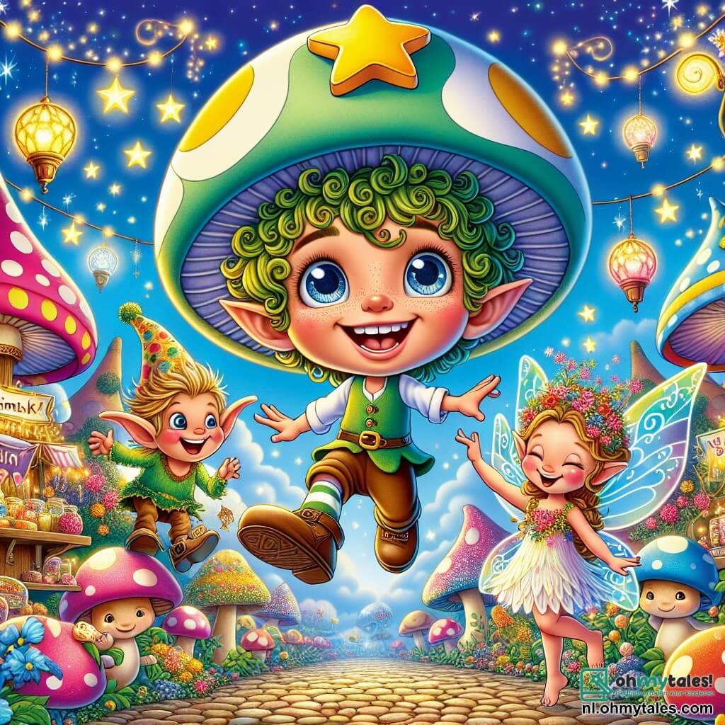 De hoofdpersonage is een elf genaamd Lenny, een jongen met krullend groen haar, die een grote hoed in de vorm van een paddenstoel draagt met een gouden ster bovenop. Hij heeft een vrolijk gezicht, met grote sprankelende ogen en een stralende glimlach, en hij springt van blijdschap, terwijl zijn schoenen een "piou-piou" geluid maken bij elke stap. Naast hem staat een kleine elf, een meisje met glinsterende vleugels en gouden haar, die lacht terwijl ze probeert sterren uit de lucht te vangen. Ze draagt een jurk gemaakt van kleurrijke bloemblaadjes en lijkt verwonderd door de magie om haar heen. De scène speelt zich af op de Glimavondmarkt, een feeërieke markt vol levendige kleuren, met kraampjes vol glinsterende snoepjes, dansende bloemen en grappige wezens. De lucht is helderblauw, bezaaid met wolken in de vorm van snoepjes, en gekleurde lantaarns zweven in de lucht. De belangrijkste situatie toont Lenny en de elf die vrolijk dansen te midden van de menigte, omringd door gelach en muziek, terwijl ze proberen vallende sterren te vangen die om hen heen dansen, wat een feestelijke en magische sfeer creëert.