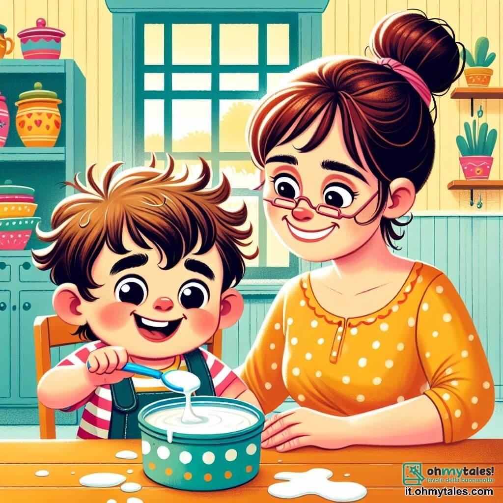 Un bambino di 2 anni, con capelli castani disordinati e occhi brillanti di gioia, è seduto a un tavolo di legno. Ha un grande sorriso sul volto, mostrando la sua eccitazione e orgoglio. Nelle sue piccole mani tiene un cucchiaio blu, pronto a tuffarsi in un vasetto di yogurt bianco cremoso. Accanto a lui, la mamma, una donna di una trentina d'anni con capelli castani raccolti in un chignon, lo guarda con tenerezza. Sorride e lo incoraggia, con le mani appoggiate sul tavolo, pronta ad aiutarlo se necessario. Sullo sfondo, una cucina accogliente con muri gialli, scaffali pieni di barattoli colorati e una finestra che lascia entrare la luce del giorno. Sulla tavola, schizzi di yogurt testimoniano l'entusiasmo del bambino. La scena principale mostra il bambino concentrato, pronto a prendere un cucchiaio di yogurt, mentre la mamma lo incoraggia con uno sguardo affettuoso, creando un'atmosfera di gioia e orgoglio in questo momento di apprendimento.
