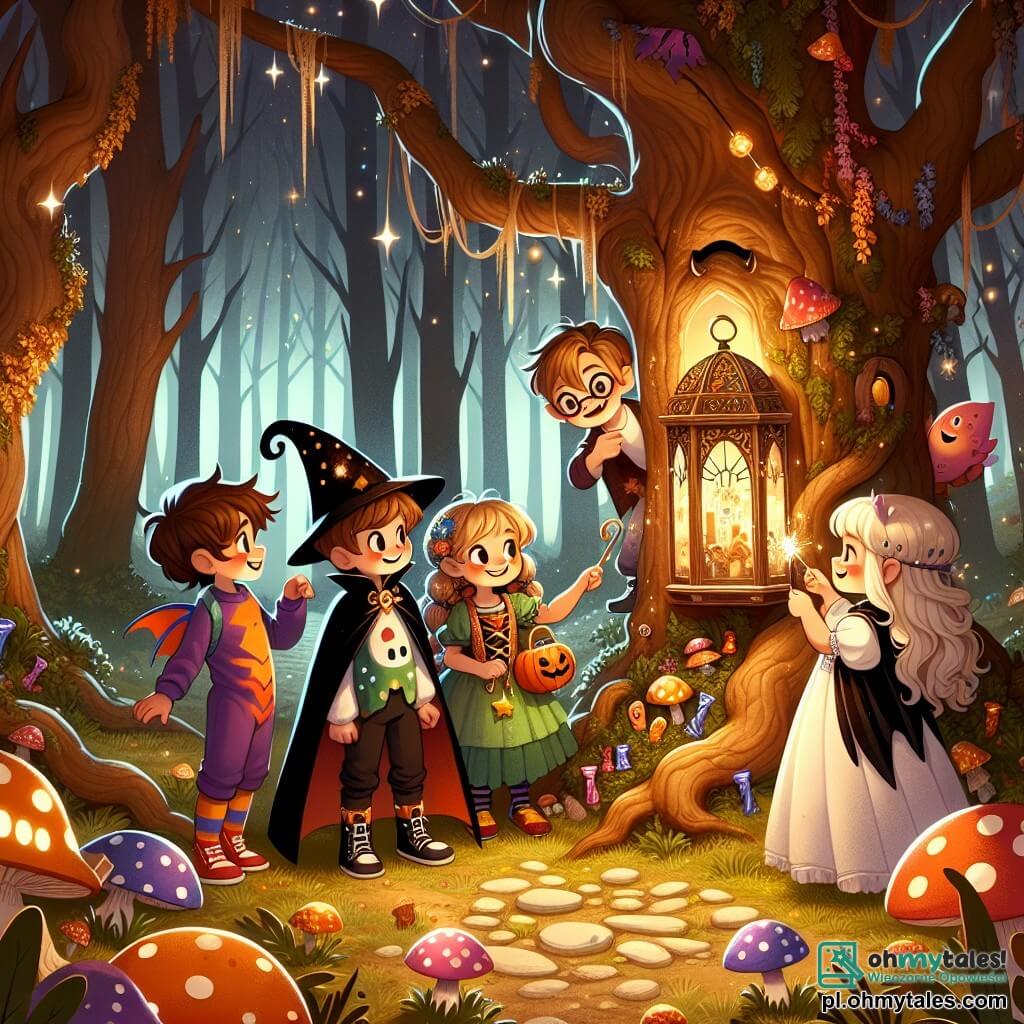 W zaczarowanej polanie grupa czterech dzieci przygotowuje się do przygody Halloweenowej. Kuba, siedmioletni chłopiec z brązowymi, rozczochranymi włosami i ciekawymi oczami, ubrany jest w kolorowy kostium małego potwora. Zosia, siedmioletnia dziewczynka z długimi, warkoczami blond włosami i czarnym kapeluszem czarownicy, radośnie uśmiecha się do Kuby, trzymając w ręku małą, świecącą różdżkę. Franek, siedmioletni chłopiec w okularach i z kasztanowymi włosami, przebrany za wampira w czerwoną pelerynę, stoi po lewej stronie Kuby i wskazuje na tajemnicze drzewo. Basia, siedmioletnia dziewczynka z warkoczykami i białym kostiumem ducha, znajduje się po prawej stronie Zosi i zbiera świecące cukierki z ziemi. Polana otoczona jest wysokimi drzewami z złotymi liśćmi, a świecące grzyby oświetlają ziemię. W centrum stoi duże, stare drzewo z powykręcanymi korzeniami, w którym znajduje się tajemnicza latarnia świecąca miękkim, magicznym światłem. Dzieci, pełne ekscytacji, odkrywają ukryte cukierki pod liśćmi, gotowe przeżyć niezapomnianą przygodę w tę noc Halloween.