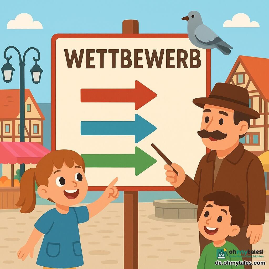 Ein 6-jähriges, schelmisch-lächelndes Mädchen mit hellbraunen Zöpfen, einer sichtbaren gelben Socke mit braunen Punkten und einem blauen Kleid mit Taschen zeigt selbstbewusst auf ein großes Schild auf dem gepflasterten Marktplatz; neben dem Schild steht ein etwa 50-jähriger Mann (Aufseher) mit buschigem Schnurrbart, brauner Jacke und Hut und deutet mit einem Stock auf drei farbige Pfeile, ein etwa 7-jähriger Junge im grünen Pullover lacht neugierig links neben dem Mädchen und schaut auf die Pfeile, eine graue Taube sitzt kichernd wirkend am Schildrand; im Hintergrund bunte Marktstände, ein bebildertes Werbeschild und Fachwerkhäuser, die Pfeile in Rot, Blau und Grün zeigen auf Brunnen, Rathaus und Park, die Szenerie wirkt fröhlich, hell und farbenfroh, das Schild trägt groß den Titel des Wettbewerbs.