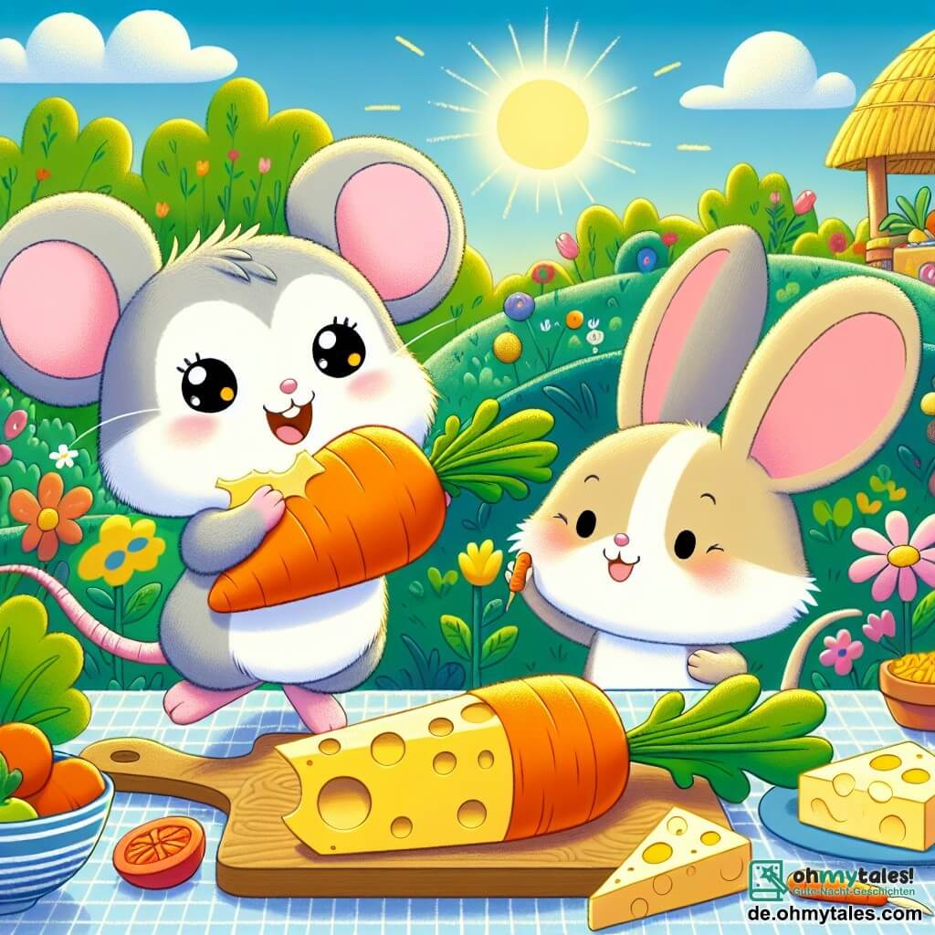 Eine kleine Maus namens Mimmi mit einem weichen grauen Fell und großen, neugierigen Augen springt vor Freude und hält eine große orangefarbene Karotte in ihren Vorderpfoten. Sie hat ein breites Lächeln im Gesicht, das ihre Begeisterung für das Frühstück zeigt, das sie vorbereitet. Neben ihr reicht Hoppel, ein niedlicher kleiner Hase mit langen Ohren und hellbraunem Fell, freundlich und fröhlich ein Stück Käse. Sie befinden sich in einem bunten Garten, der mit strahlenden Blumen und frischem Gemüse gefüllt ist, unter einem sonnigen blauen Himmel. Die Szene zeigt Mimmi und Hoppel, die ein fröhliches Frühstück zubereiten, umgeben von Gemüse und Käse, mit einer Atmosphäre von Kameradschaft und Glück.