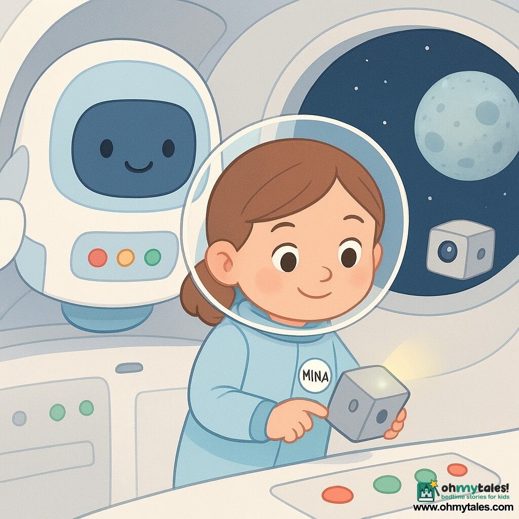 A smiling, focused girl named Mina with bright eyes and rosy cheeks wears a pale blue soft spacesuit with a round "MINA" badge and gently pushes a small glowing box into a tube with calm, precise gestures; a small friendly ship with a large porthole and a screen showing a simple kind face stands behind her as a protective companion; a secondary small square light-gray box with a blinking green light and round camera drifts out of the tube toward the Moon; the setting is a spacious, clean cabin with white walls, smooth surfaces, colored buttons and three green indicators, and a large circular porthole showing the blue Earth with white clouds below and the gray Moon close outside; the scene centers on Mina releasing the exploration box toward the Moon with tender precision, soft light, vivid pastel colors, crisp outlines, and a calm, reassuring atmosphere.