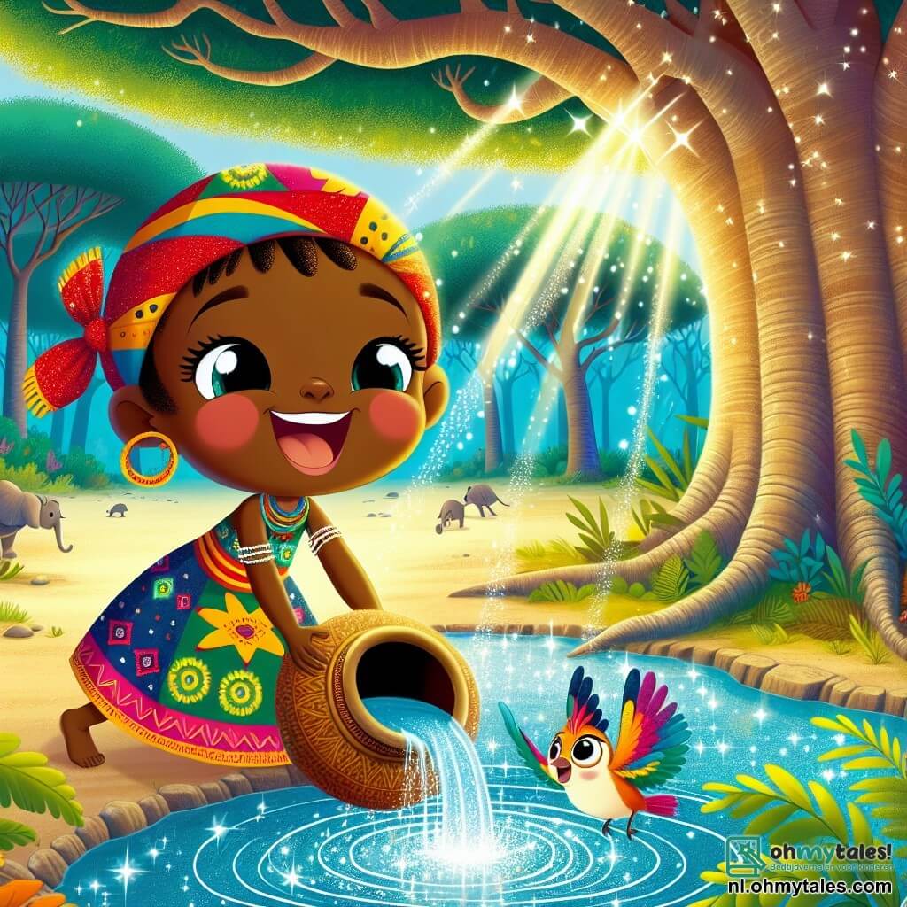 Nia, een meisje van ongeveer 10 jaar, draagt een mooie kleurrijke jurk met Afrikaanse patronen en een felrode sjaal op haar hoofd. Ze heeft een stralende glimlach en sprankelende ogen van opwinding terwijl ze een kalebas met water vult bij een verborgen bron. Naast haar vliegt een klein vogeltje met glanzende, kleurrijke veren, vrolijk zingend om haar heen, wat een vleugje magie aan de scène toevoegt. De locatie is een groene open plek, omringd door grote baobabbomen met dikke stammen en weelderige bladeren, met zonnestralen die door het loof filteren en de fonkelende waterbron verlichten. De belangrijkste situatie toont Nia, vol vreugde en vastberadenheid, die de waterbron ontdekt, klaar om water naar het dorp te brengen om de dorstige dieren en bewoners te helpen.