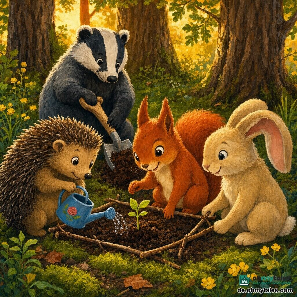 Nina, ein junger roter Eichhörnchen mit flauschigem Fell und großen glänzenden Augen, sitzt am kleinen Erdbeet und lächelt, während sie behutsam eine Pfote nahe an einen winzigen grünen Keim legt; Timo, ein kleiner brauner Igel mit weichen Stacheln, gießt links tropfenweise mit einer kleinen blauen Gießkanne, konzentriert und zärtlich; Milla, eine cremefarbene Häsin mit langen weichen Ohren, steht hinten rechts und hat einen Rahmen aus dünnen Ästen um das Beet gelegt, stolz und sanft; Bruno, ein stämmiger Dachs mit schwarz-grauem Fell, kniet im Hintergrund und schaufelt braunen Kompost, ruhig und zufrieden; Ort: ein gemütlicher Waldgarten mit dunkler, lockerer Erde, Moosteppich, drei Eichenstämmen im Hintergrund, vereinzelten gelben Wildblumen und goldenen Sonnenstrahlen; Hauptszene: alle Tiere versammelt um das Beet, in dessen Mitte ein winziger hellgrüner Blattkeim aus der Erde sprießt, kollektive, hoffnungsvolle und liebevolle Stimmung; Stil: warme, kräftige Acrylmalerei mit sichtbaren Pinselstrichen, weichen Konturen und abendlich goldenem Licht.