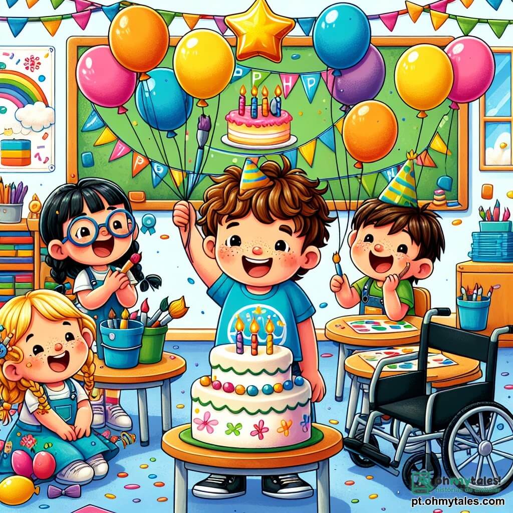 Em uma sala de aula colorida, vemos quatro crianças alegres. João, um menino de 8 anos com cabelos castanhos e cacheados, está no centro, sorrindo e segurando um balão em forma de estrela dourada. Miguel, um menino de 9 anos com cabelos negros e óculos redondos, está sentado à esquerda de João, sorrindo e segurando um pincel colorido. Sofia, uma menina de 7 anos com cabelos loiros trançados, está à direita de João, levantando os braços e cercada de balões coloridos. Lucas, um menino de 8 anos com cabelos castanhos e sardas, está pintando um grande bolo em um quadro atrás de João. A sala é decorada com guirlandas coloridas e desenhos de aniversário, e um grande bolo está em uma mesa ao fundo, cercado de confetes. A cena principal mostra João fazendo um desejo ao olhar para o balão em forma de estrela, enquanto todos se divertem juntos, criando uma atmosfera mágica e alegre.