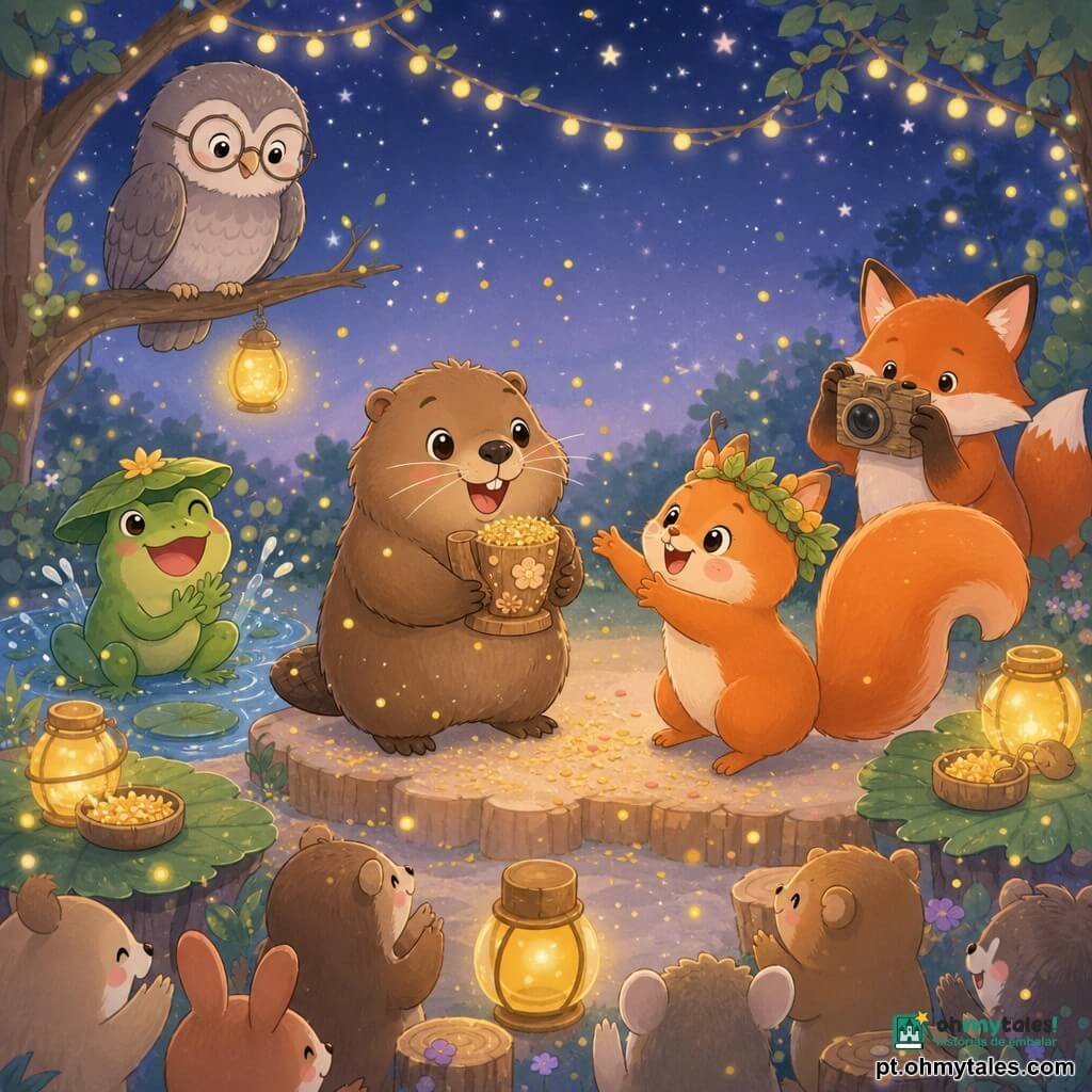 Mimosa, a marmota, está ao centro feliz e orgulhosa, sorriso largo, pelagem castanha macia, segurando um pequeno troféu de madeira coberto de pólen; Pompom, o esquilo, ao lado, empolgado, cauda laranja farta, salto, coroa de folhas torta estendendo as patas para Mimosa; a raposa fotógrafa sentada atrás com pelo ruivo e câmera de casca apontada; Grinalda, a rã, flutuando num pequeno lago com chapéu de vitória-régia e batendo palmas fazendo respingos; a coruja bibliotecária empoleirada numa rama acima, penas cinzentas e óculos, observando; cena numa clareira noturna com troncos como palco, lâmpadas de vaga-lumes, lanternas quentes e céu estrelado; cerimônia pequena e divertida com confetes de pólen e farinha, animais rindo e aplaudindo.