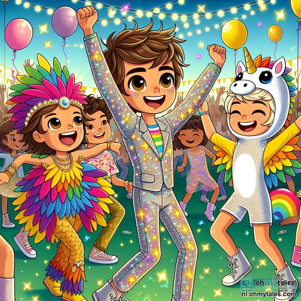 Een 9-jarig jongetje, Finn, met rommelig bruin haar en sprankelende ogen, draagt een glinsterend kostuum in de kleuren van de sterrennacht, bezaaid met kleine lichtjes. Hij danst enthousiast in een menigte, met een brede glimlach op zijn gezicht. Naast hem staat Sam, zijn 10-jarige beste vriend, met blond haar en een kleurrijk t-shirt, verkleed als papegaai, zwaaiend met armen versierd met glanzende veren en lachend van blijdschap. Lila, een 9-jarig meisje, is gekleed in een glinsterend eenhoornkostuum met een regenboog manen en draait om zichzelf, wat een vleugje magie aan de scène toevoegt. De locatie is een groot feestpark, gevuld met kleurrijke decoraties, zwevende ballonnen en lichtslingers, waar kinderen lachen en dansen onder een stralende blauwe lucht, wat een vrolijke en levendige sfeer creëert. De hoofdscène toont Finn en zijn vrienden die samen dansen, omringd door fonkelende lichten en gelach, terwijl ze carnaval vieren, een moment van pure magie en vriendschap.