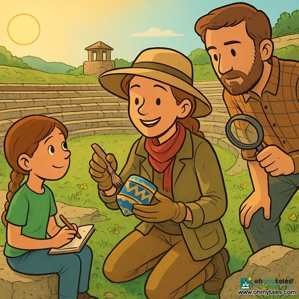 An enthusiastic, dreamy female archaeologist kneels smiling, wearing a beige wide-brimmed hat, khaki jacket, red scarf and light gloves; she holds a small brush and uncovers a painted pottery shard with blue and yellow patterns. A serious but kind ~35-year-old man with light beard and plaid shirt stands a few steps behind her to the right, leaning in with a magnifying glass to examine a stone. A curious, amazed ~9-year-old girl with braided hair and a green T-shirt sits on a stone to the left, holding a notebook and pencil and watching the discovery. The scene is an ancient circular amphitheater of rough round stones with soft green grass and small yellow flowers, a stone lookout above, distant hills and a bright blue sky at golden oblique sunset; fine dust sparkles, warm expressions, composition centered on the pottery, warm colors, detailed textures and clear lines in the style of Franco-Belgian comics.