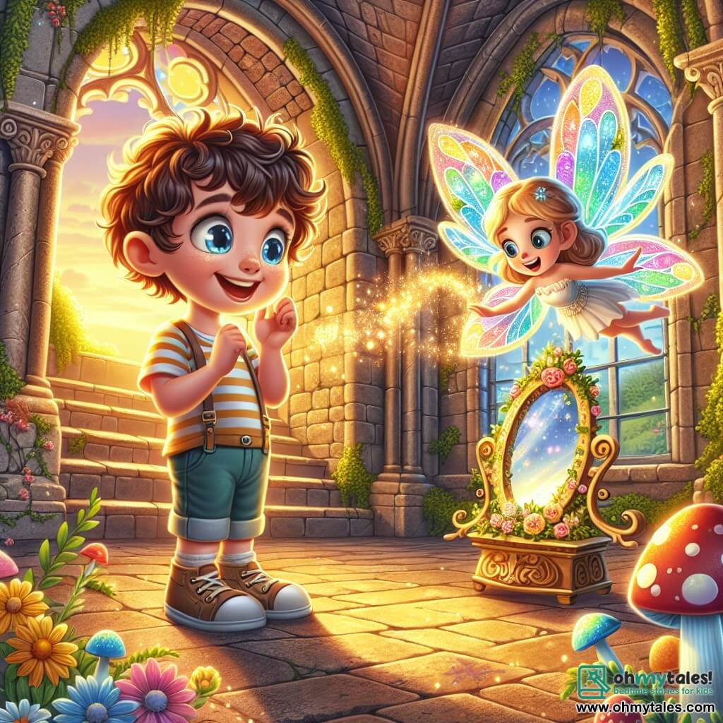 A little fairy named Luna, with shimmering wings like colorful stained glass, joyfully flies around a curly-haired boy, Oliver, who is about 10 years old. Oliver, with sparkling blue eyes and a big smile, looks in wonder at a magical mirror glowing in the center of an ancient room. The setting is a ruined castle bedroom, bathed in soft golden light, with stone walls covered in ivy and sunlight streaming through broken windows. Colorful flowers and glowing mushrooms decorate the floor, adding a touch of magic to the environment. The main scene shows Oliver discovering the enchanted mirror, while Luna the fairy enthusiastically encourages him, revealing the magic that resides within him.