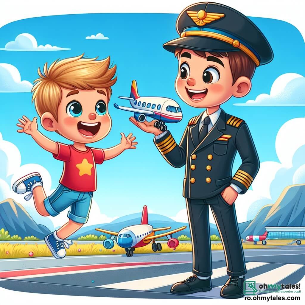 Personajul principal, un bărbat pe nume Andrei, este un pilot zâmbitor, îmbrăcat într-o uniformă bleu marin cu epauleți aurii. Are părul brun și ochii strălucitori de bucurie, stând lângă avionul său, pregătit de decolare. Alex, un băiat de 8 ani cu părul blond și ochii curioși, se află la câțiva pași de el, sărind de excitație cu un zâmbet mare pe față. Poartă un tricou roșu și o pereche de pantaloni scurți albaștri, ținând în mâini un mic model de avion. Scena se desfășoară pe un aeroport însorit, cu un cer albastru strălucitor presărat cu câteva nori albi pufosi. În fundal, se pot vedea avioane colorate parcate pe pistă și munți măreți la orizont. Situația principală arată cum Andrei îi explică lui Alex minunile zborului, în timp ce avionul strălucește sub soare, pregătit să decoleze spre noi aventuri.