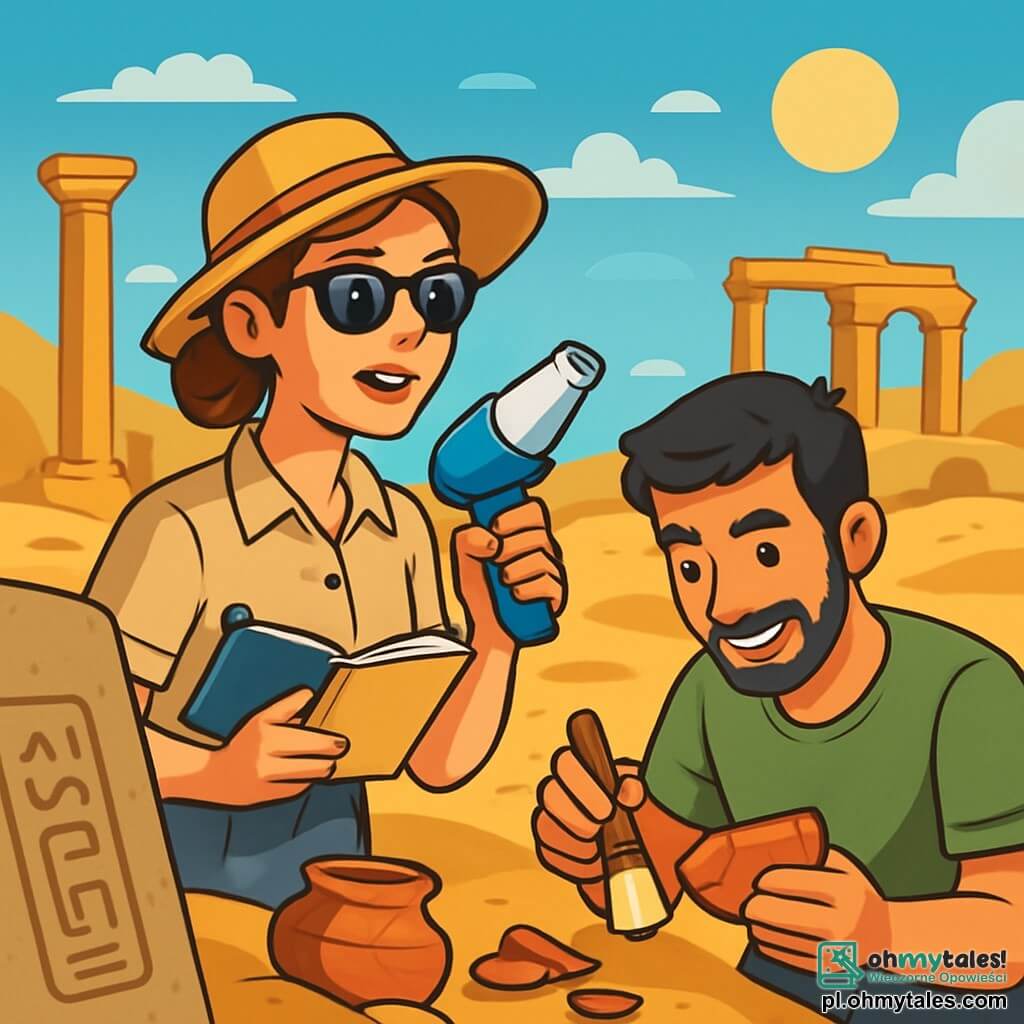 Archeolożka w wieku około trzydziestu lat, z brązowymi włosami związanymi w kok, nosi słomkowy kapelusz i okulary przeciwsłoneczne. Ma zachwycony i zdeterminowany wyraz twarzy, trzymając w jednej ręce pistolet do farby, a w drugiej szkicownik, uważnie przygląda się starożytnej inskrypcji na kamieniu. Obok niej młody mężczyzna, Amir, w wieku około 25 lat, z czarnymi włosami i lekką brodą, pochyla się nad fragmentem ceramiki, skoncentrowany i uśmiechnięty, trzymając w ręku pędzel. Tło to rozległa pustynna równina, usiana złotymi wydmami, z ruinami w tle, zawalonymi kolumnami i kawałkami ceramiki rozsypanymi po ziemi. Niebo jest jasnoniebieskie, z kilkoma białymi chmurami, a słońce świeci intensywnie. Główna sytuacja ukazuje archeolożkę i Amira odkrywających pozostałości starożytnej cywilizacji, z wyczuwalnym podekscytowaniem w powietrzu, podczas gdy wydobywają na światło dzienne sekrety ukryte od tysięcy lat.
