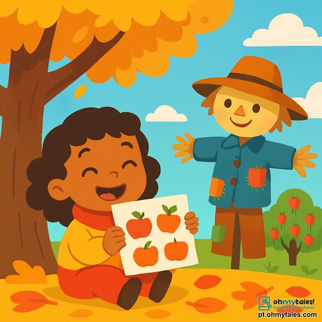 Lulu, uma menina alegre com cabelos cacheados e um cachecol vermelho, está sentada sob uma grande árvore com folhas douradas. Ela sorri, com os olhos brilhando de excitação, segurando um desenho colorido nas mãos. Ao lado dela, um espantalho sorridente, vestido com roupas velhas em patchwork, está de pé com os braços abertos, como se estivesse aplaudindo sua obra. O chão está coberto de folhas multicoloridas, vermelhas, laranjas e amarelas, que estalam sob os pés. Ao fundo, uma macieira carregada de maçãs vermelhas brilha sob o sol de outono, enquanto o céu é de um azul claro salpicado de nuvens brancas e fofas. Lulu mostra orgulhosamente seu desenho de damascos e maçãs, cercada pela beleza acolhedora do outono.