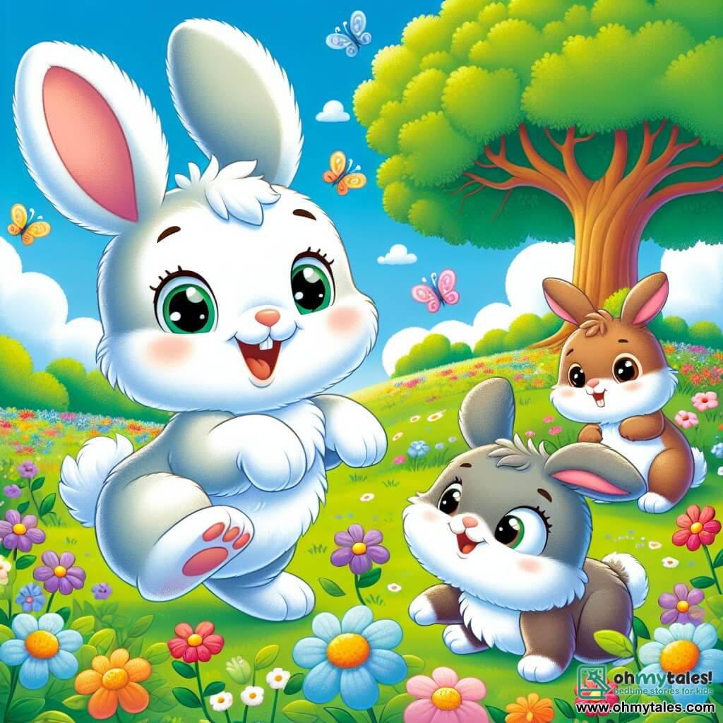 An illustration depicts a small rabbit with large ears and soft white fur, expressing joy and curiosity as it happily jumps in a green field surrounded by colorful flowers. Next to it, a little gray rabbit with white spots, smiling enthusiastically, zigzags while jumping. Another small brown rabbit with sparkling eyes stands a bit back, observing with an admiring and amused gaze. The main setting is a sunny meadow dotted with bright wildflowers and a majestic oak tree in the background, where the rabbits gather to play and rest. The scene shows the rabbits playing together, discovering new games, and learning from each other, symbolizing friendship and tolerance despite their differences. Additional elements include fluffy clouds in the blue sky, butterflies fluttering around the rabbits, and a joyful, welcoming atmosphere that reflects harmony among the characters.
