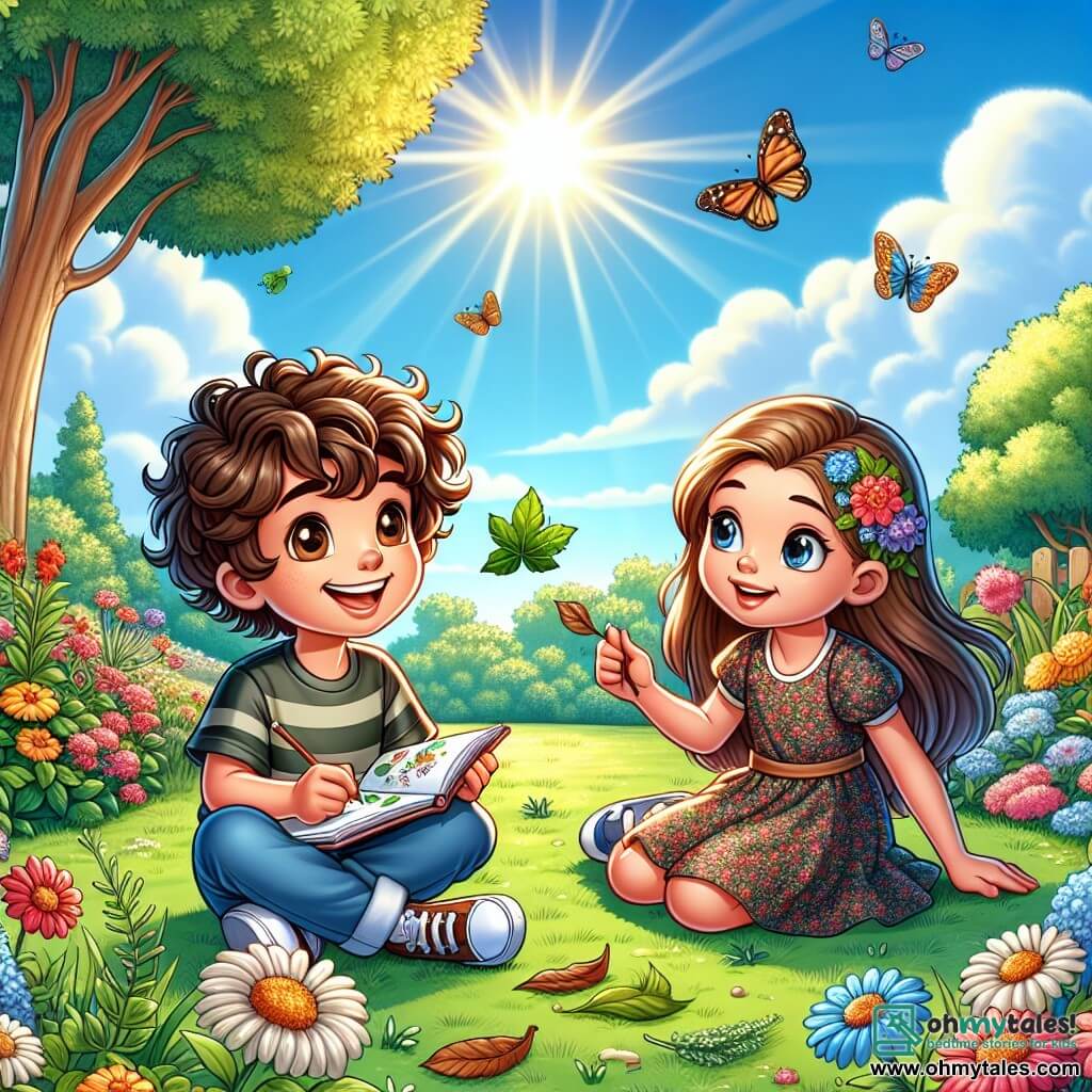 An 8-year-old boy, Ethan, with curly hair and a big smile, is sitting on the green grass of a sunny garden, surrounded by colorful flowers. His eyes shine with excitement as he holds a notebook filled with drawings and leaves he collected during his walk. Next to him, his classmate Mia, an 8-year-old girl with long brown hair wearing a floral dress, curiously looks at the leaves Ethan gathered. She sits cross-legged, her hands on her knees, ready to listen to Ethan share his discoveries. In the background, the garden is filled with vibrant flowers, fluttering butterflies, and a clear blue sky dotted with fluffy white clouds. Majestic trees stand tall, providing shade and a peaceful atmosphere. The main scene shows Ethan and Mia joyfully discussing their discoveries in nature, highlighting the importance of spending time outdoors and exploring the world without screens.