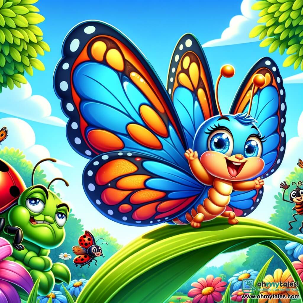 A young butterfly with shiny wings in vibrant shades of blue and orange flutters joyfully in the air, sporting a big smile. Its eyes sparkle with excitement and determination as it prepares to join the Great Butterfly Festival. Next to it, a red ladybug with black spots, looking friendly and encouraging, enthusiastically claps while perched on a green leaf, its tiny antennae quivering with excitement. In the background, a grumpy-looking grasshopper with muscular legs and bright green color stands with arms crossed, but a slight smile reveals its amusement as it curiously observes the scene, ready to join the celebration. The setting is an enchanting garden filled with bright flowers of various colors, large trees with lush leaves, and a clear blue sky dotted with fluffy white clouds. The main scene shows the butterfly dancing in the air, surrounded by its friends, celebrating the joy of friendship and triumph over impossible challenges.
