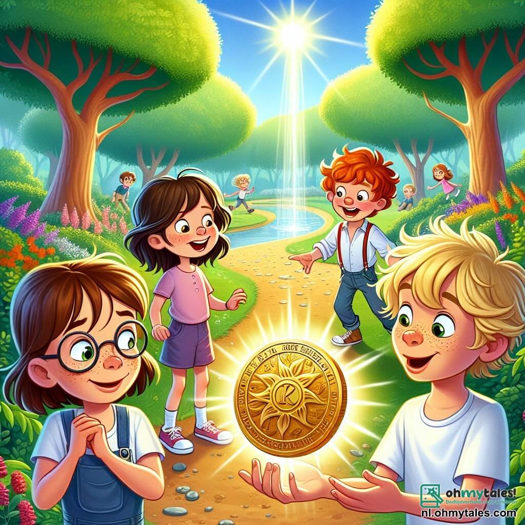 In een zonnig park staan vier kinderen samen, verwonderd over een mysterieuze medaille. Sophie, een zevenjarig meisje met bruin haar en een bril, kijkt nieuwsgierig naar de medaille, haar ogen stralend van opwinding. Naast haar houdt Max, een zevenjarige jongen met rommelig blond haar, de medaille in zijn handen, met een uitdrukking van verbazing op zijn gezicht. Emma, een zevenjarig meisje met rood haar en sproeten, glimlacht terwijl ze een theatrale gebaar maakt, alsof ze een groot avontuur aankondigt. Ten slotte staat Sam, een zevenjarige jongen met kastanjebruin haar en een bril, iets op de achtergrond met zijn armen over elkaar en een peinzende blik op zijn gezicht.

Het park is vol groen, met majestueuze bomen, kleurrijke bloemen en een stralend blauwe lucht. In de verte zijn kinderen te zien die spelen en lachen, terwijl een kronkelig pad naar een sprankelend vijvertje leidt.

De vier vrienden ontdekken de mysterieuze medaille, die straalt met een magische gloed, en bereiden zich voor op een ongelooflijk avontuur in de tijd, vol mysteries en ontdekkingen.
