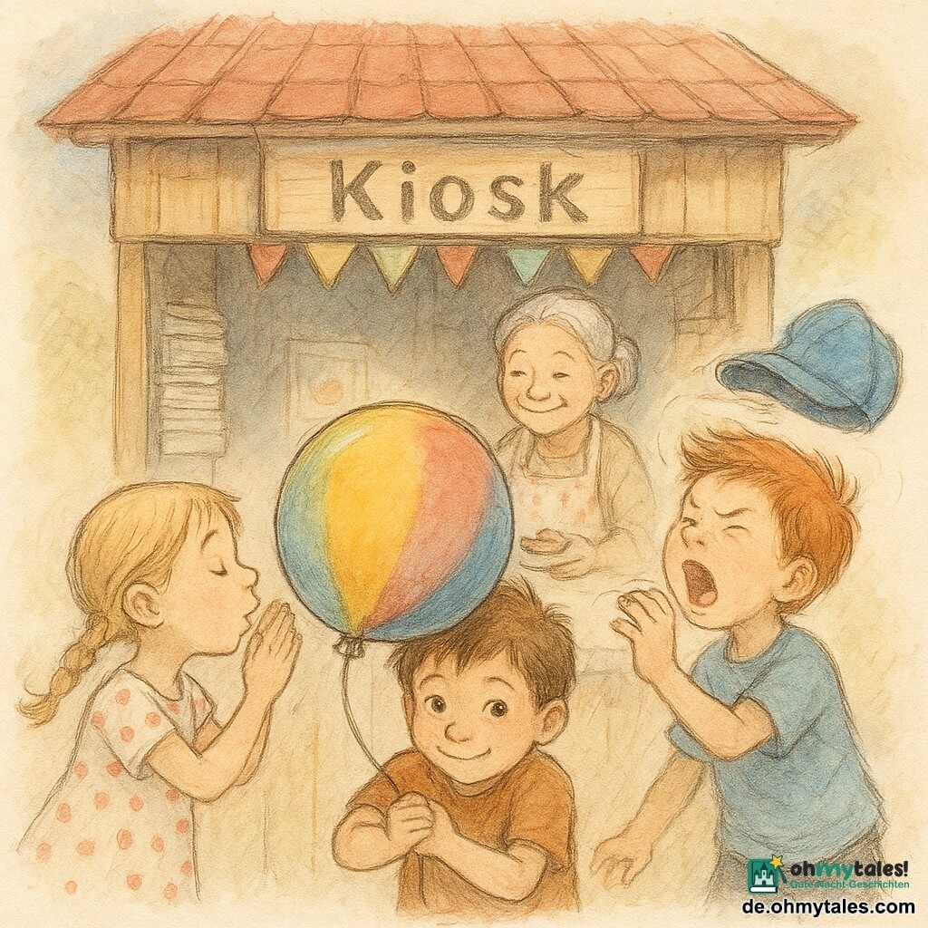 Ein fröhlicher Morgen: ein sechsjähriger Junge mit rundem Gesicht, zerzausten braunen Haaren und großem mutigem Lächeln hält schützend einen bunten Ballon; links steht die fünjährige Mia mit blonden Zöpfen und gepunktetem Kleid, sie summt und pustet beruhigend, rechts Ben, ebenfalls sechs, rothaarig mit großer blauer Mütze und frechem Ausdruck, niest laut und greift nach der Mütze, die dem Ballon zu fliegen droht; hinter dem Holzkiosk mit rotem Dach, Zeitungsstapeln, bunten Plakaten, Girlanden und Schild "Kiosk" lächelt die ältere Frau Frau Krümel im geblümten Schürzenkleid und reicht ein Gebäck; leichter Wind lässt den Ballon über den Kindern schwanken, alle halten den Atem und lachen dann, als er langsam mit einem „pfff“ die Luft verliert; warme Morgenstimmung, weiches Licht und kameradschaftliche Gesten.