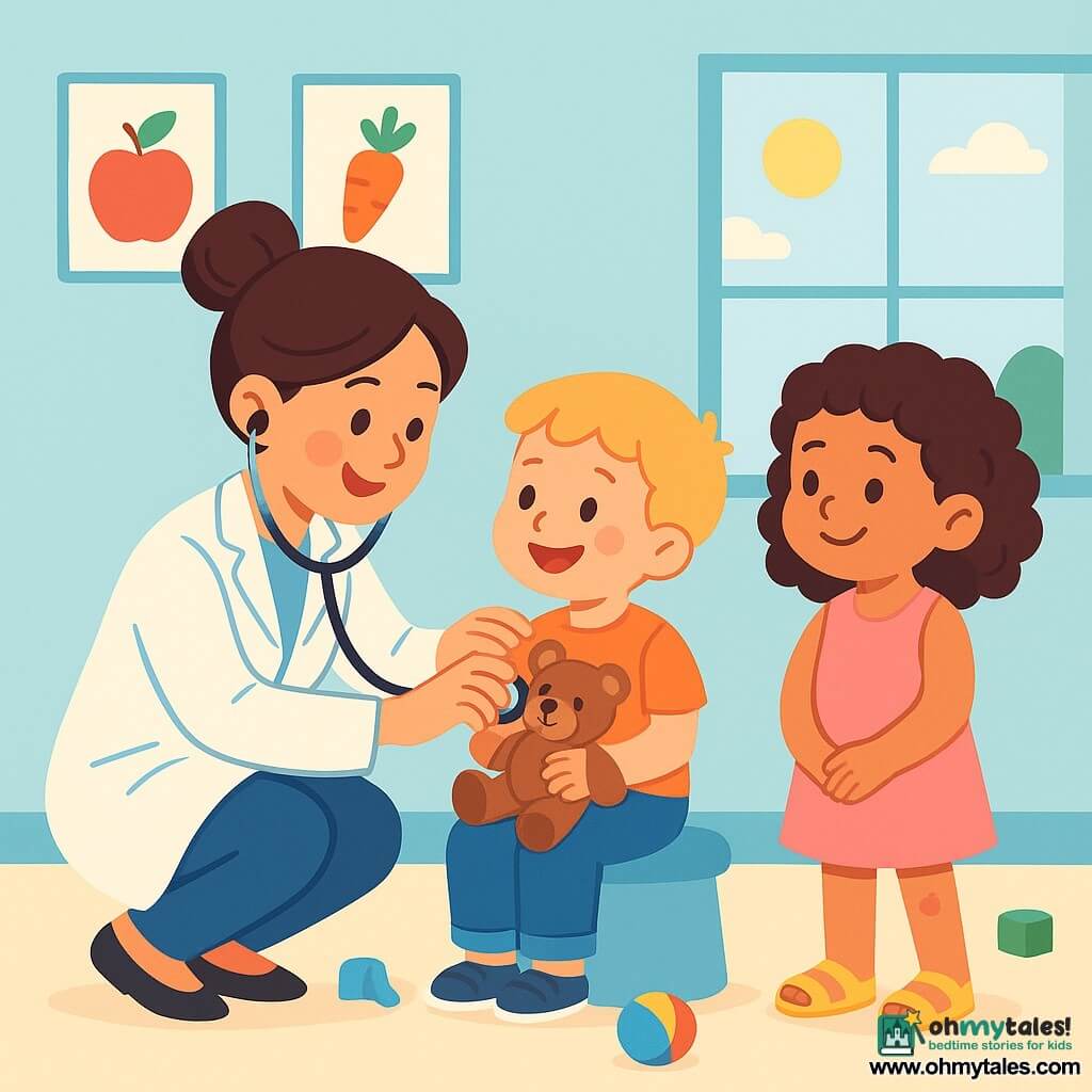 A smiling female doctor, Dr. Ana, wears a bright white coat and a stethoscope around her neck. She has brown hair in a bun and sparkling, kind eyes. She is crouched down, examining a little blond boy holding a teddy bear, who has a big smile on his face. Next to them, a curly-haired 5-year-old girl stands with a scraped knee, looking at Dr. Ana with admiration. She wears a pink dress and yellow sandals. The scene takes place in a bright clinic with pastel blue walls, colorful fruit and vegetable posters, and toys scattered on the floor. A large window lets in sunlight, creating a warm and welcoming atmosphere. Dr. Ana listens to the boy's heart with her stethoscope while the little girl waits her turn, eager and curious. The ambiance is joyful and reassuring, filled with laughter and colors.
