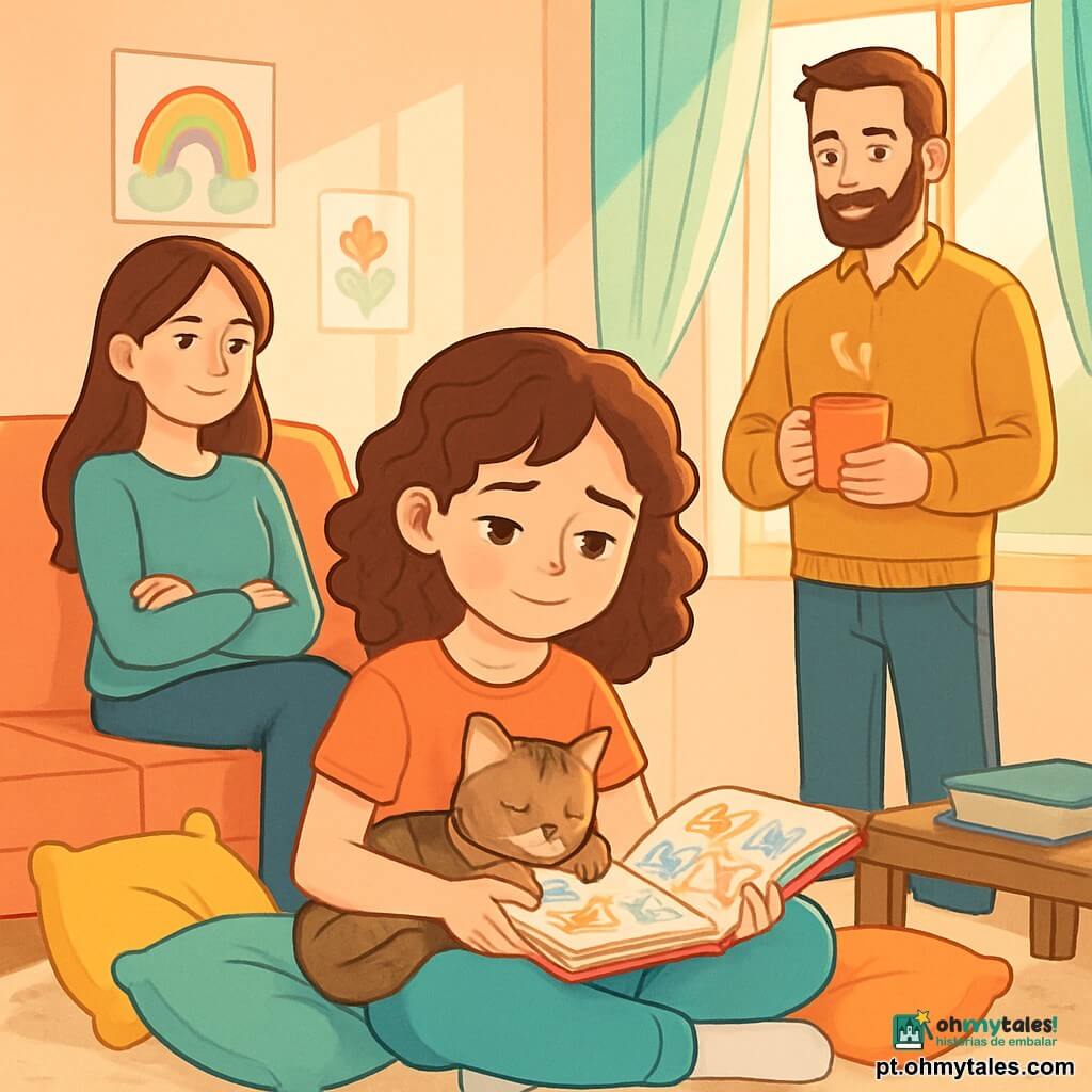 Uma menina de 12 anos, Clara, com cabelos castanhos cacheados e olhos brilhantes, está sentada em um tapete macio, cercada por almofadas coloridas. Seu rosto expressa uma melancolia suave, com um leve sorriso que revela sua esperança. Ela segura um caderno com páginas coloridas, cheio de desenhos e palavras, enquanto uma pequena gata tigrada, Pipoca, se aninha contra ela, com os olhos fechados, como se compartilhasse seu segredo. Ao lado dela, sua mãe, uma mulher na casa dos trinta anos com cabelos longos e lisos, usa um suéter macio e sorri com ternura, sentada no sofá, de braços cruzados, olhando para Clara com amor. O pai, um homem na casa dos trinta anos com uma barba bem cuidada e um sorriso caloroso, está em pé perto da janela, segurando uma xícara de chocolate quente, observando sua filha com orgulho. A cena acontece em uma sala iluminada, decorada com cores pastel, com raios de sol filtrando através de cortinas leves, iluminando livros espalhados na mesa de centro e desenhos pendurados na parede. A situação principal mostra Clara, cercada pelo amor de seus pais, compartilhando um momento precioso, folheando seu caderno, símbolo do vínculo familiar apesar da separação.