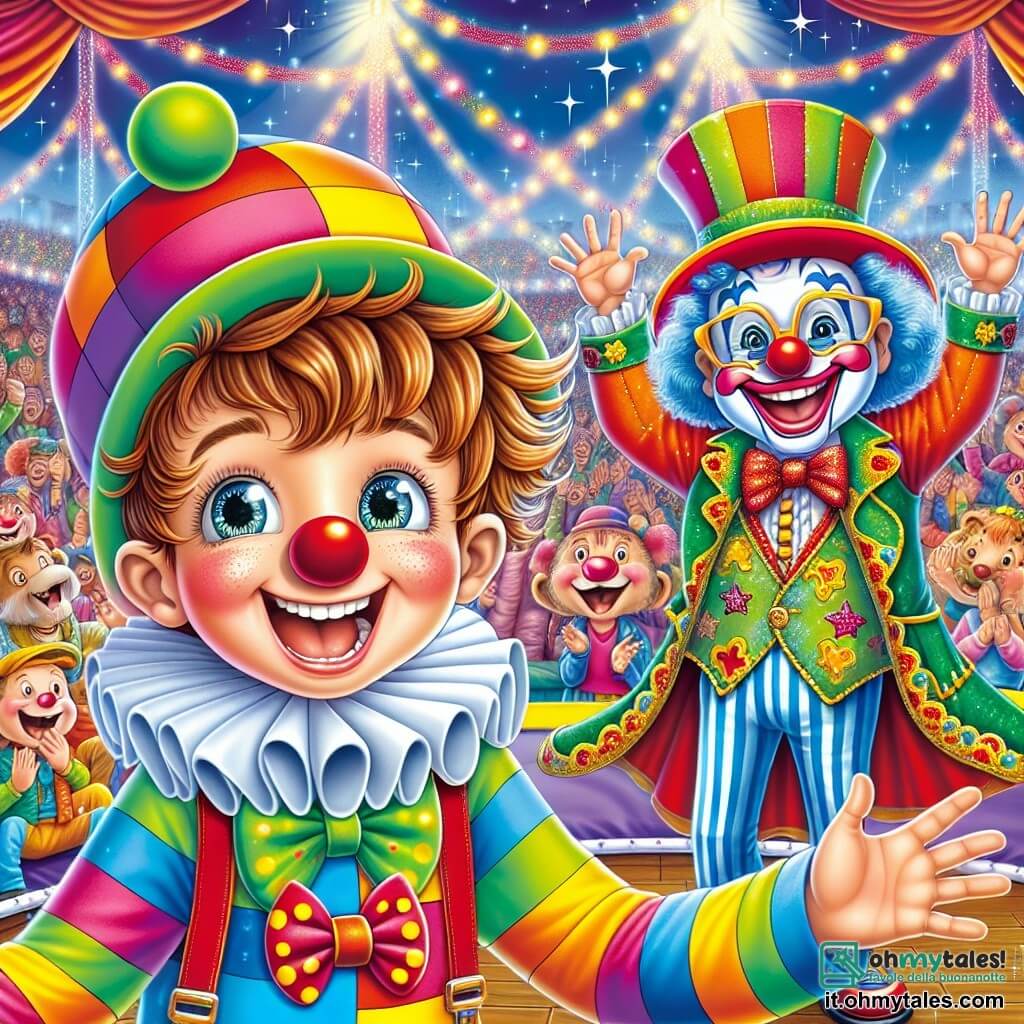 Un ragazzo di 9 anni, Marco, con i capelli castani arruffati e gli occhi scintillanti di gioia, è al centro dell'immagine. Indossa un costume colorato da clown, con un grande naso rosso e un cappello a righe. Marco ride di cuore, con le guance leggermente arrossate dall'eccitazione, mentre si prepara a saltare su un trampolino. Accanto a lui, Pippolo, un clown gioioso di circa 30 anni, con il viso dipinto di bianco e un grande sorriso, è pronto ad incoraggiarlo. Indossa un costume stravagante con motivi multicolori e un grande papillon. Pippolo fa gesti comici, aggiungendo all'atmosfera festosa. Lo sfondo è quello di un circo animato, con un grande tendone dai colori vivaci, luci scintillanti e palloncini fluttuanti. Gli spettatori meravigliati applaudono e ridono, mentre animali da circo, come un elefante e tigri, aggiungono alla magia del momento. La scena principale mostra Marco che, con un grande sorriso, si lancia in aria dal trampolino, pronto a eseguire un'acrobazia comica, mentre Pippolo lo incoraggia con entusiasmo, creando un'atmosfera gioiosa e piena di energia.