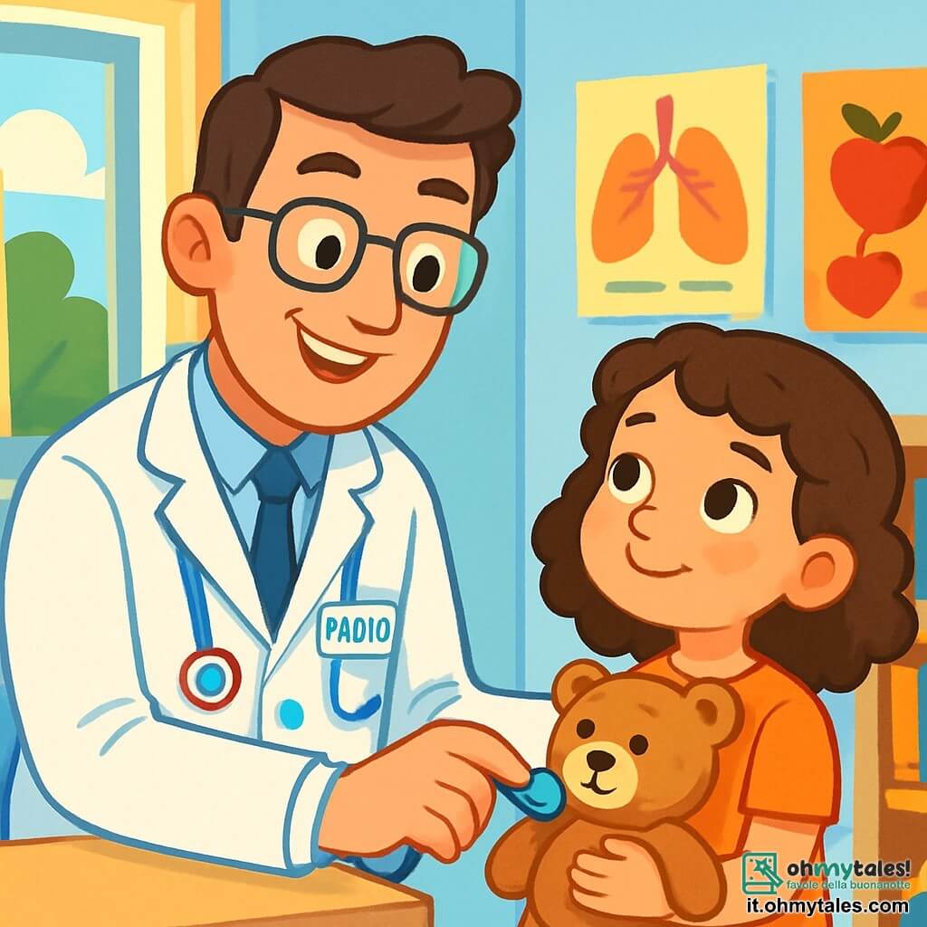Un uomo, il dottor Paolo, sorridente e benevolo, indossa un camice bianco impeccabile e ha uno stetoscopio colorato attorno al collo. I suoi occhi brillanti di curiosità e il suo sorriso caloroso illuminano la stanza. Accanto a lui, una bambina di 7 anni, con capelli ricci e occhi lucenti, tiene un orsetto di peluche, un po' nervosa ma piena di speranza. Guarda il dottore con ammirazione. Il luogo è uno studio medico accogliente, con pareti dipinte di azzurro chiaro, poster colorati sulla salute e uno scaffale pieno di libri e giocattoli. Una grande finestra lascia entrare la luce del sole, illuminando lo spazio. La scena principale mostra il dottor Paolo mentre esamina la bambina con dolcezza, ponendole domande e incoraggiandola a parlare dei suoi sentimenti. L'atmosfera è calda e rassicurante, piena di colori vivaci e di un'aria amichevole.