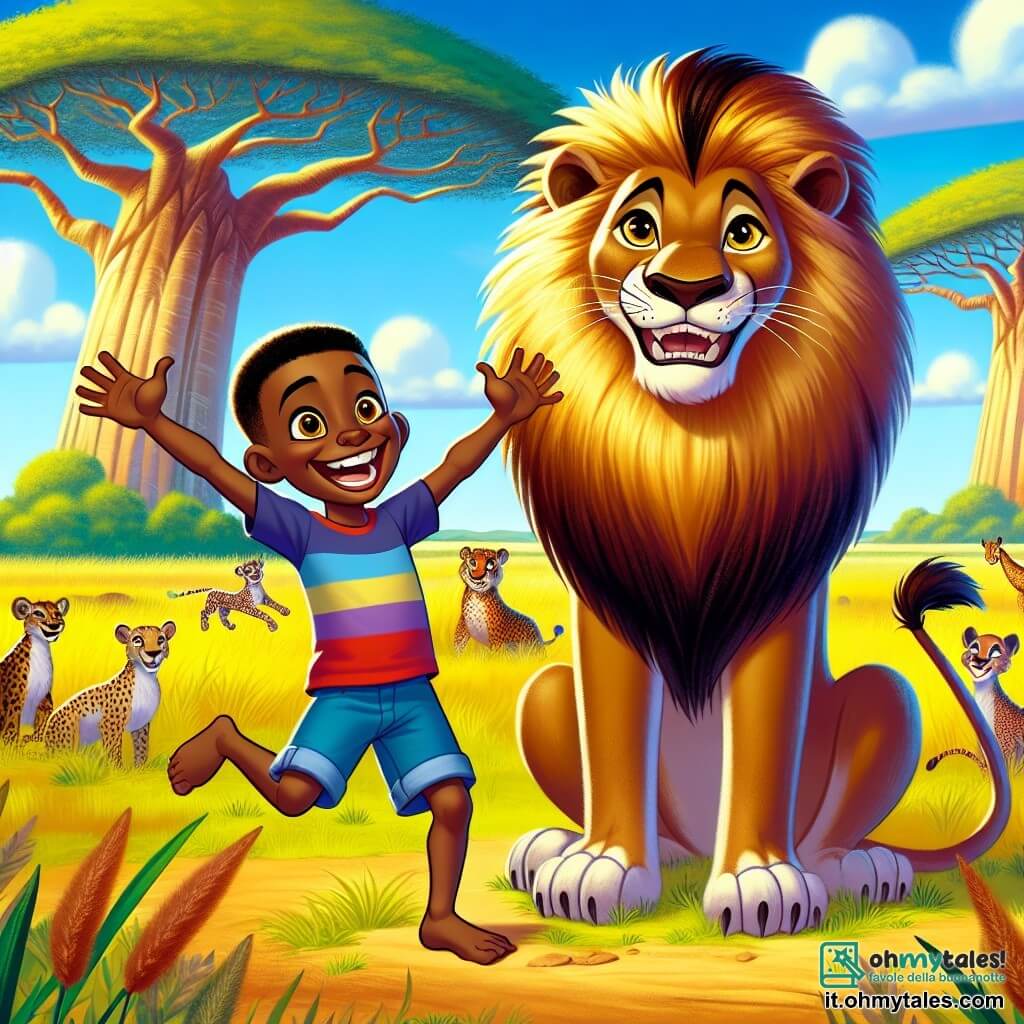 Kofi, un ragazzo africano di circa 10 anni, ha occhi brillanti come stelle e un ampio sorriso che illumina il suo viso. Indossa una maglietta colorata e pantaloni corti di tessuto leggero, mentre danza gioiosamente in una radura, con le braccia alzate verso il cielo, pieno di energia e felicità. Accanto a lui c'è un maestoso leone di circa 5 anni, con una criniera dorata che brilla al sole, fiero e protettivo, che guarda Kofi con ammirazione. Lo sfondo è una vibrante savana africana, con imponenti baobab, erbe alte che ondeggiano dolcemente nel vento e un cielo blu brillante punteggiato di nuvole bianche. La scena principale mostra Kofi e il leone che celebrano la loro vittoria sul cacciatore, circondati da animali della savana che danzano e applaudono, creando un'atmosfera di gioia e amicizia.