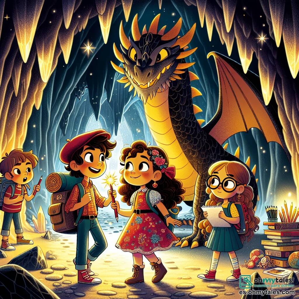 En una cueva misteriosa, un grupo de cuatro amigos se enfrenta valientemente a un gran dragón. Clara, una niña de diez años con cabello rizado y un vestido colorido, avanza con una mirada decidida. A su izquierda, Miguel, un chico intrépido con cabello castaño y una gorra roja, la anima con una sonrisa confiada. A la derecha, Sofía, una niña con cabello largo y trenzado, lleva una mochila llena de lápices y papeles, lista para dibujar su aventura. Leo, un chico soñador con gafas redondas, se queda un poco atrás, con los ojos abiertos de asombro. La cueva es oscura pero iluminada por una luz dorada que emana del dragón, cuyas escamas brillan como estrellas. Los muros de la cueva están adornados con cristales centelleantes, y sombras bailan a su alrededor, creando una atmósfera mágica y misteriosa. En el centro de la escena, el dragón, majestuoso e imponente, observa a los niños con curiosidad, mientras ellos le hablan sobre la importancia de la amistad. El aire está cargado de una tensión palpable, pero también de esperanza, mientras se preparan para establecer un vínculo con esta criatura legendaria.