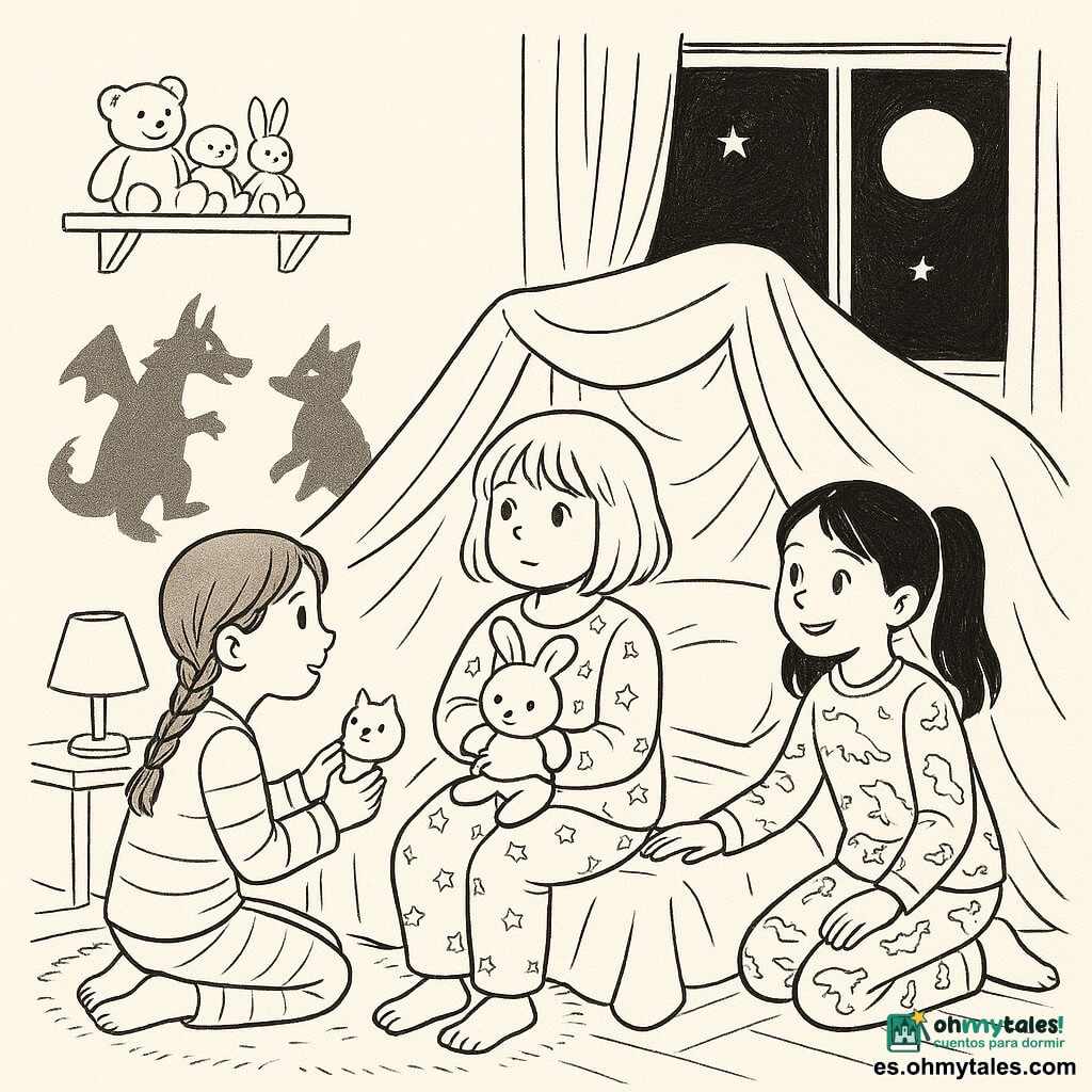 Hay tres niñas: una de unos 7 años, pelo castaño claro al corte carré, en pijama de estrellas, sentada en el centro del cama abrazando un pequeño conejito de peluche y mirando la ventana; una de unos 8 años, pelo castaño trenzado, en pijama a rayas, arrodillada a la izquierda con una linterna en forma de gato proyectando sombras en la pared; y una de unos 9 años, pelo negro en dos coletas, en pijama de dinosaurios, a la derecha empujando la gran manta para formar una cabaña y sonriendo; habitación infantil acogedora con ventana por la que entra una luna brillante, estantería de peluches y alfombra suave; escena de amigas bajo la manta jugando de noche, con sombras en la pared que parecen animales imaginarios y una atmósfera dulce y reconfortante.