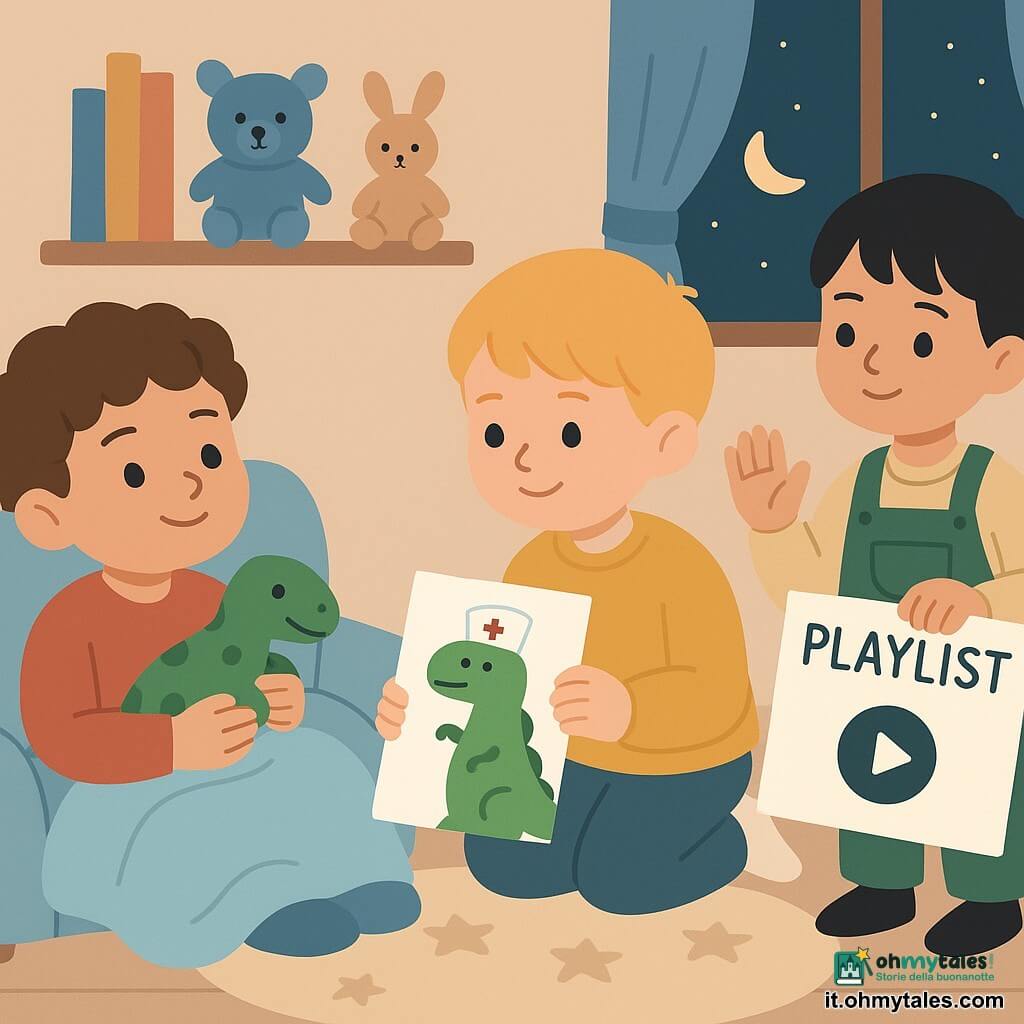 Ci sono tre bambini di 4 anni: Tommaso, capelli castani ricci e guance rosate, coperta celeste sulle ginocchia, sdraiato su un piccolo divano a sinistra con un peluche dinosauro verde che sorride leggermente; Luca, capelli biondi corti e maglione giallo, accovacciato a destra che mostra un disegno colorato di un dinosauro infermiere e guarda Tommaso con tenerezza; Amir, capelli neri lisci e salopette verde, in piedi dietro Luca con una grande scheda intitolata PLAYLIST facendo un gesto di calma. L'ambiente è una camera/soggiorno per bambini accogliente con pavimento in legno chiaro, tappeto rotondo a stelle, lampada su un tavolino a destra, finestra notturna con tenda blu e luna visibile e uno scaffale con libri e peluche; i tre amici, in un'atmosfera calda e colori pastello, stanno preparando una playlist a basso volume per consolare il malato Tommaso, con espressioni tenere e rassicuranti.