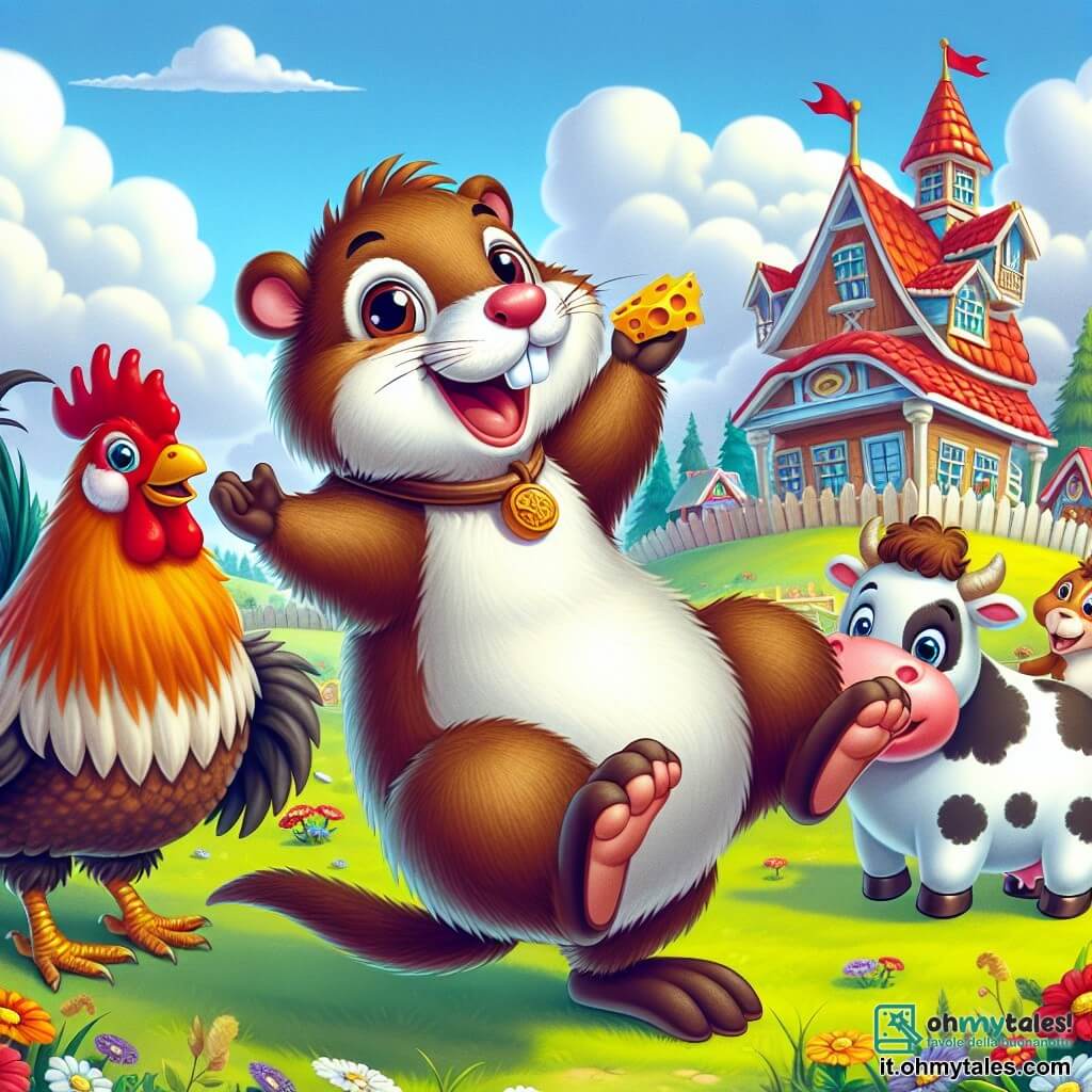 Al centro dell'immagine, una marmotta gioiosa di nome Mimmo, con un pelo marrone morbido e occhi brillanti di curiosità, salta di gioia tenendo un pezzo di formaggio tra le sue piccole zampette. Accanto a lui, un gallo sfavillante di nome Giorgio, con piume rosse e dorate, canta con entusiasmo, le ali spiegate, mentre una dolce e rotonda mucca, Maria, con macchie bianche e nere, sorride tenendo una carota in bocca. Sullo sfondo, una colorata fattoria si erge, circondata da campi verdi e un cielo blu punteggiato di nuvole soffici. La scena mostra Mimmo e i suoi amici in una competizione ludica, ridendo e divertendosi in un'atmosfera festosa, pronti a scoprire chi troverà il maggior numero di formaggi nascosti nella fattoria.