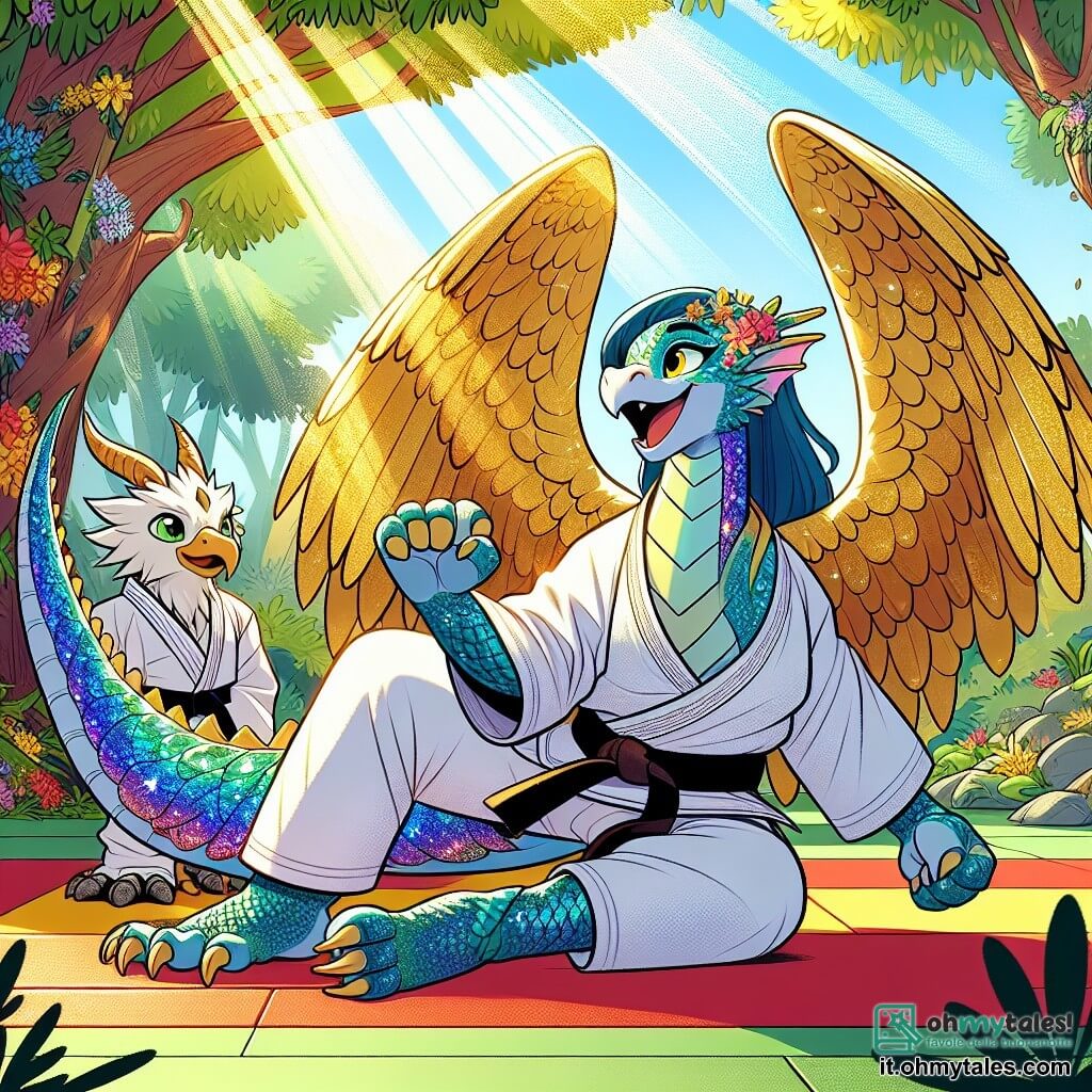 Lira, una giovane drago con squame iridescenti, è in pieno allenamento di judo, con un'espressione di determinazione e gioia. Le sue ali traslucide sono spiegate mentre si prepara a eseguire un movimento di judo, i suoi occhi brillano di eccitazione. Accanto a lei, Aris, un giovane grifone dalle piume dorate e dagli occhi vivaci, la guarda con un sorriso incoraggiante, pronto ad aiutarla. Il dojo si trova in una radura soleggiata, circondato da alberi maestosi e fiori colorati, con un tappeto di judo verde al centro. I raggi di sole filtrano tra le foglie, creando un'atmosfera calda e accogliente. La scena principale mostra Lira e Aris in azione, pronti ad allenarsi insieme, illustrando lo spirito di squadra e l'amicizia che li unisce nella loro passione per il judo.