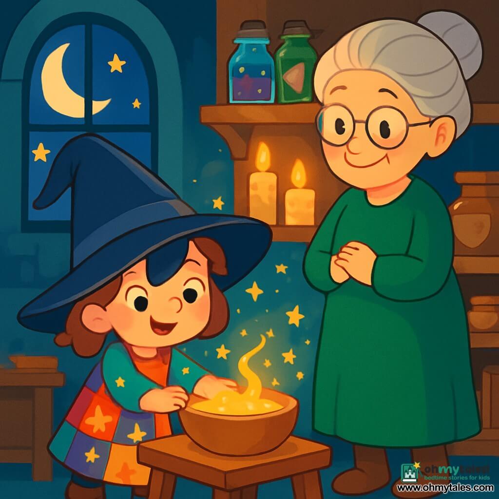 Mila, a five-year-old apprentice witch, wears a large pointed hat that falls over her sparkling curious eyes. She has on a colorful patchwork dress with embroidered stars and moons. She stands in front of a small wooden table, hands resting on a shimmering bowl, her face beaming with excitement and determination. Madame Fern, an elderly woman with a warm smile, has gray hair in a bun and wears a green velvet dress with round boots. She stands beside Mila, closely observing the magical mixture in the bowl, her hands crossed over her chest. The setting is an enchanting kitchen filled with glass jars containing colorful herbs, flickering candles, and ancient books with yellowed pages. Moonbeams filter through a window, bathing the scene in soft silver light. The main situation shows Mila and Madame Fern creating a magical talisman, with Mila focused on mixing the ingredients while sparks of magic dance around them, creating an atmosphere of mystery and wonder.